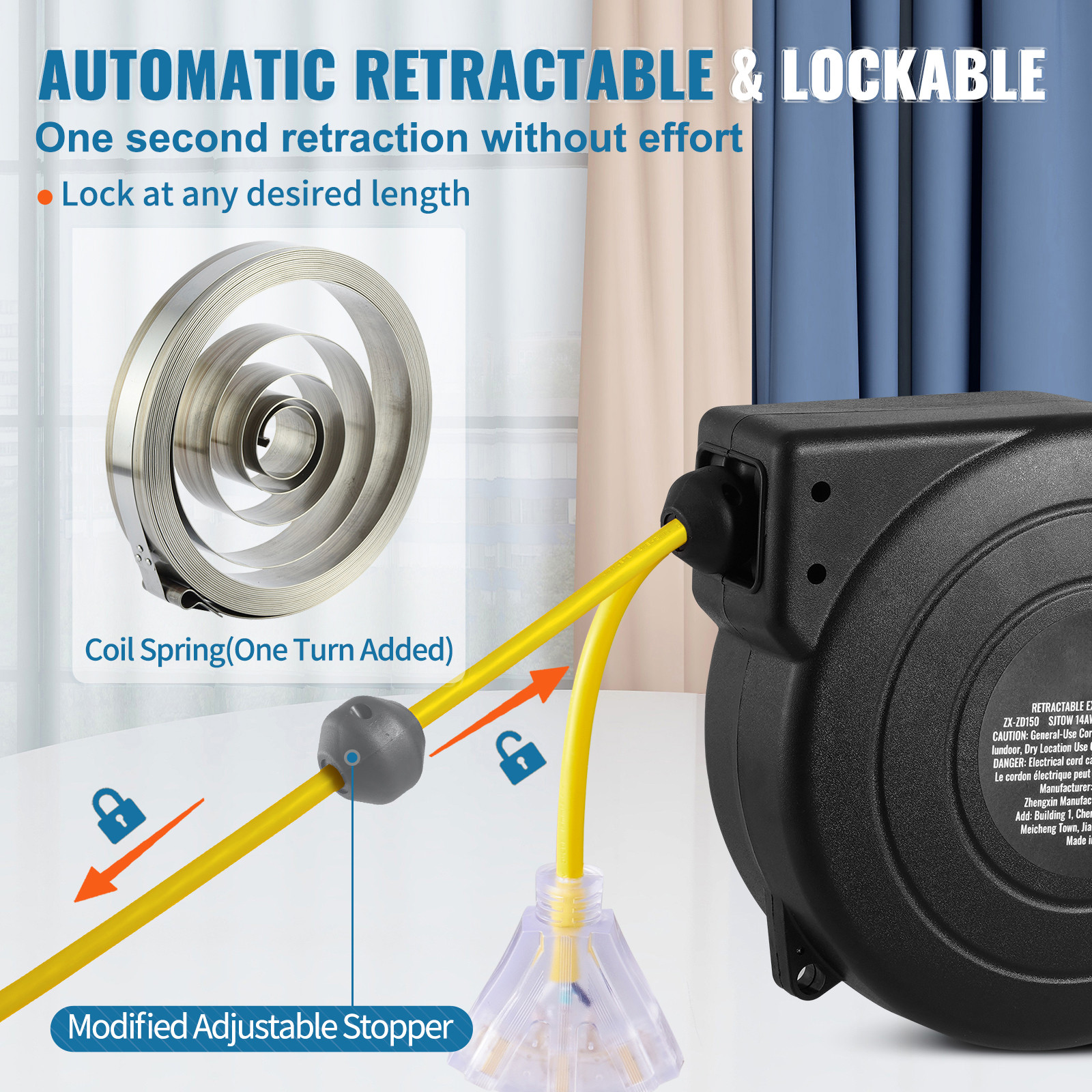 VEVOR Retractable Extension Cord Reel Power Cord Reel 50FT 14AWG/3C SJTOW