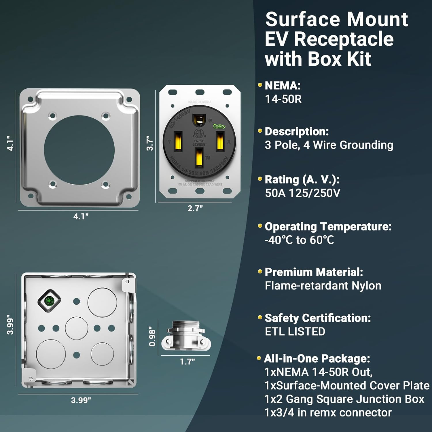 50A NEMA 14-50 EV Outlet Surface Mount Box Kit Heavy Duty Receptacle ETL Black