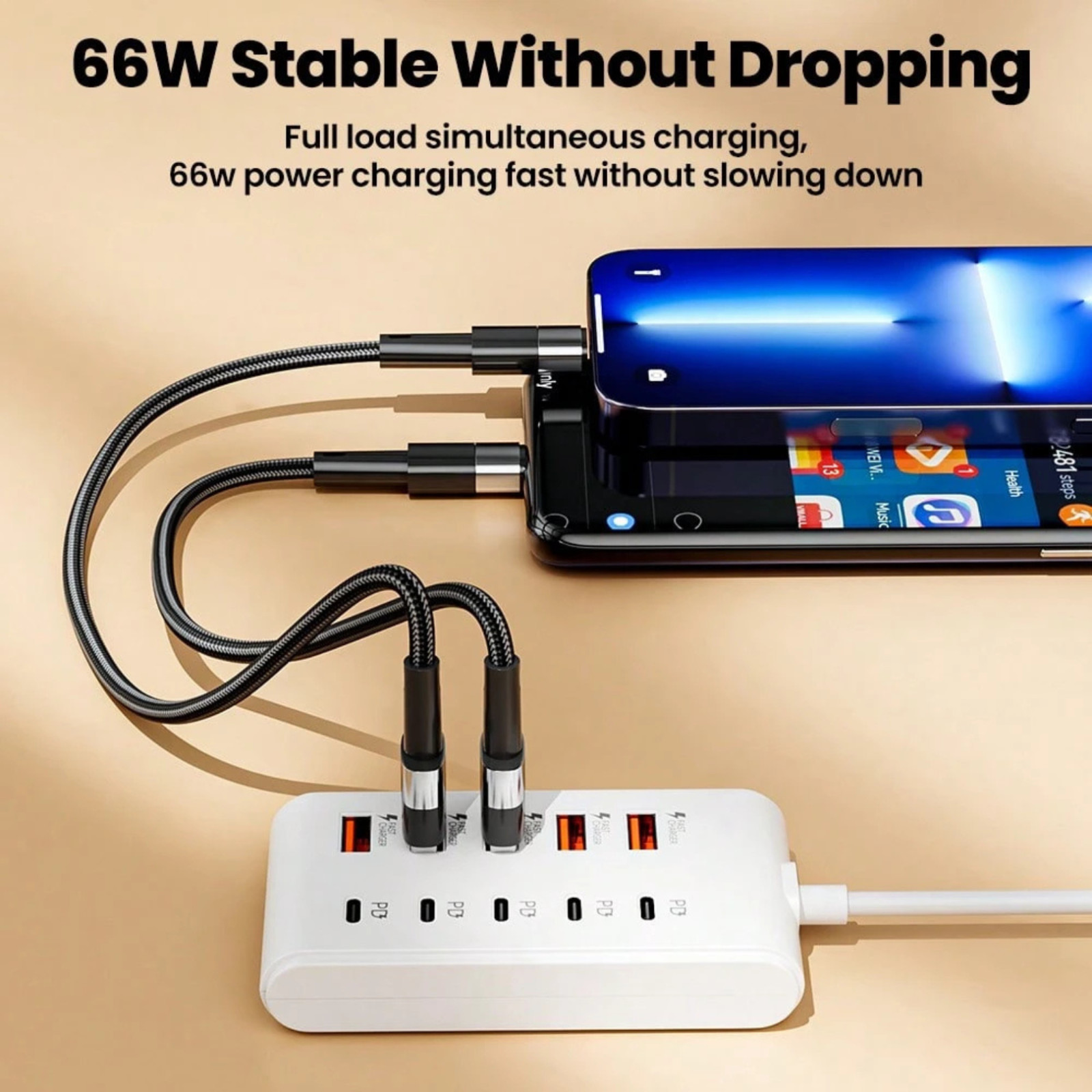 USB Power Strip Type C Outlets Multiple Fast Charging Hub Stations 1m Cable 66W