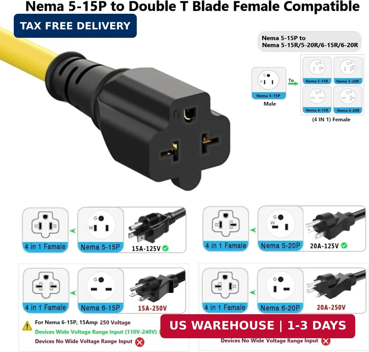 3FT 12AWG Heavy Duty Right-Angle Extension Cord 90 Degree 15-amp to 20-amp, 15Am