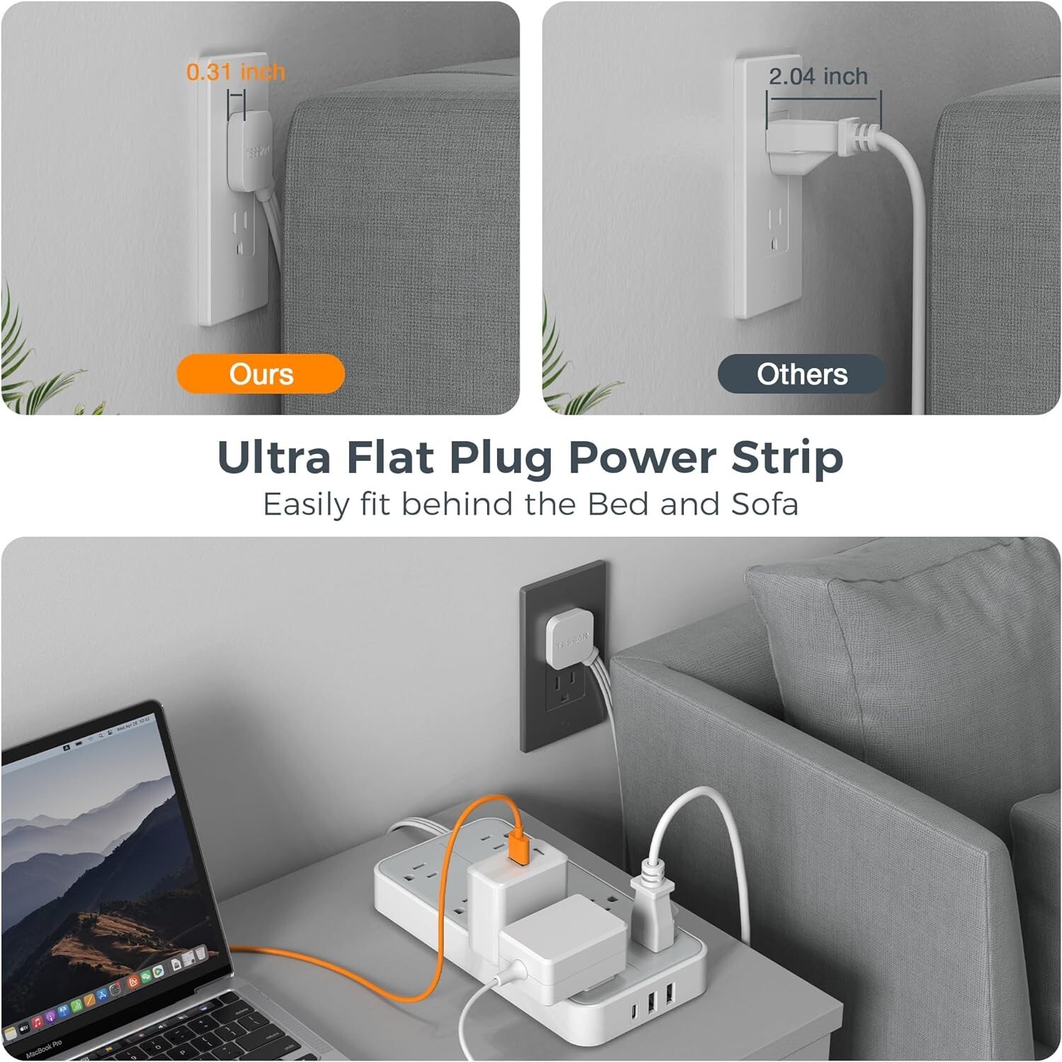 Multi-Port Charging Station 10FT Extension Cord with 8 Outlets & USB Ports
