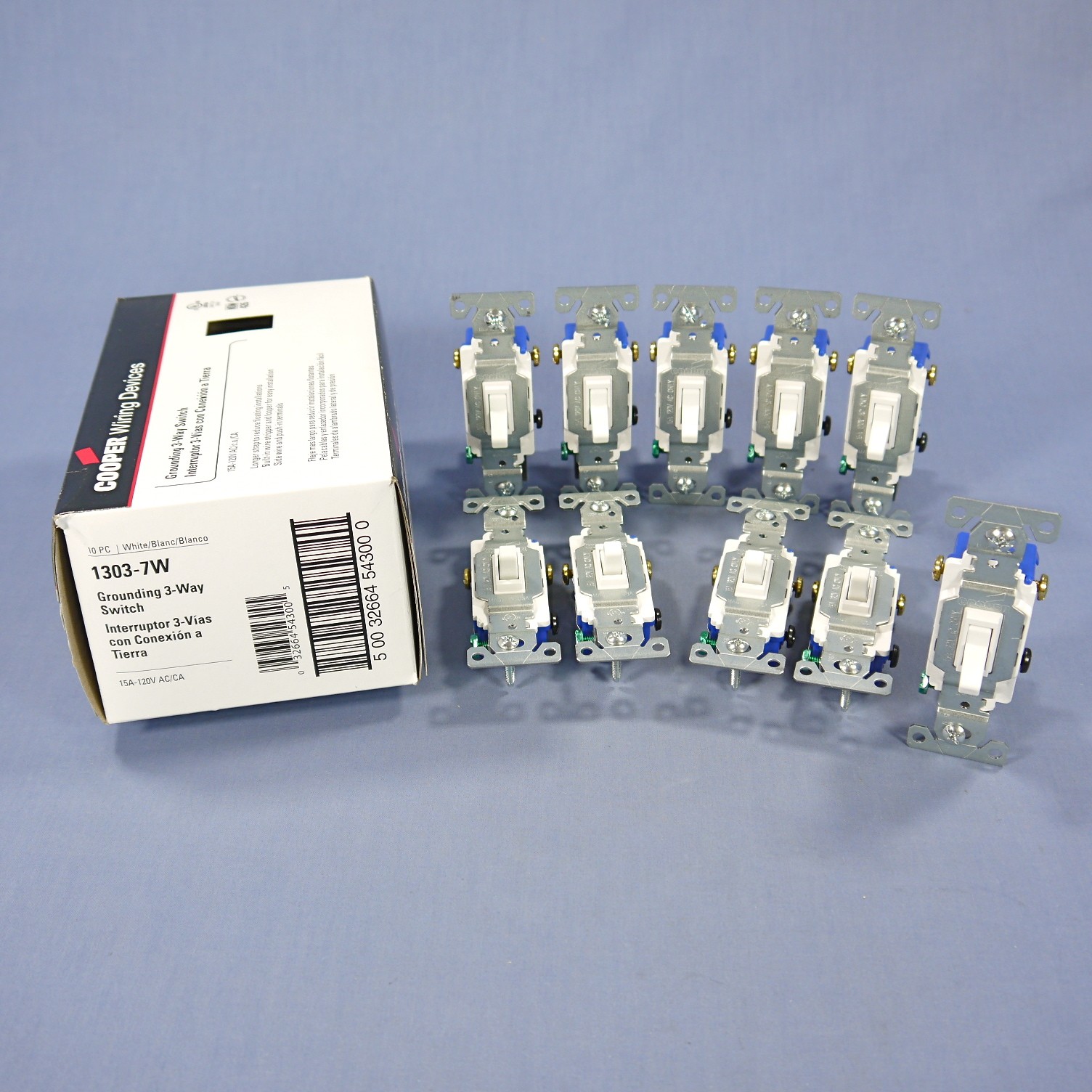 Cooper Wiring 1303-7W White 3-Way Toggle Wall Light Switches 15A 120V 10-pack