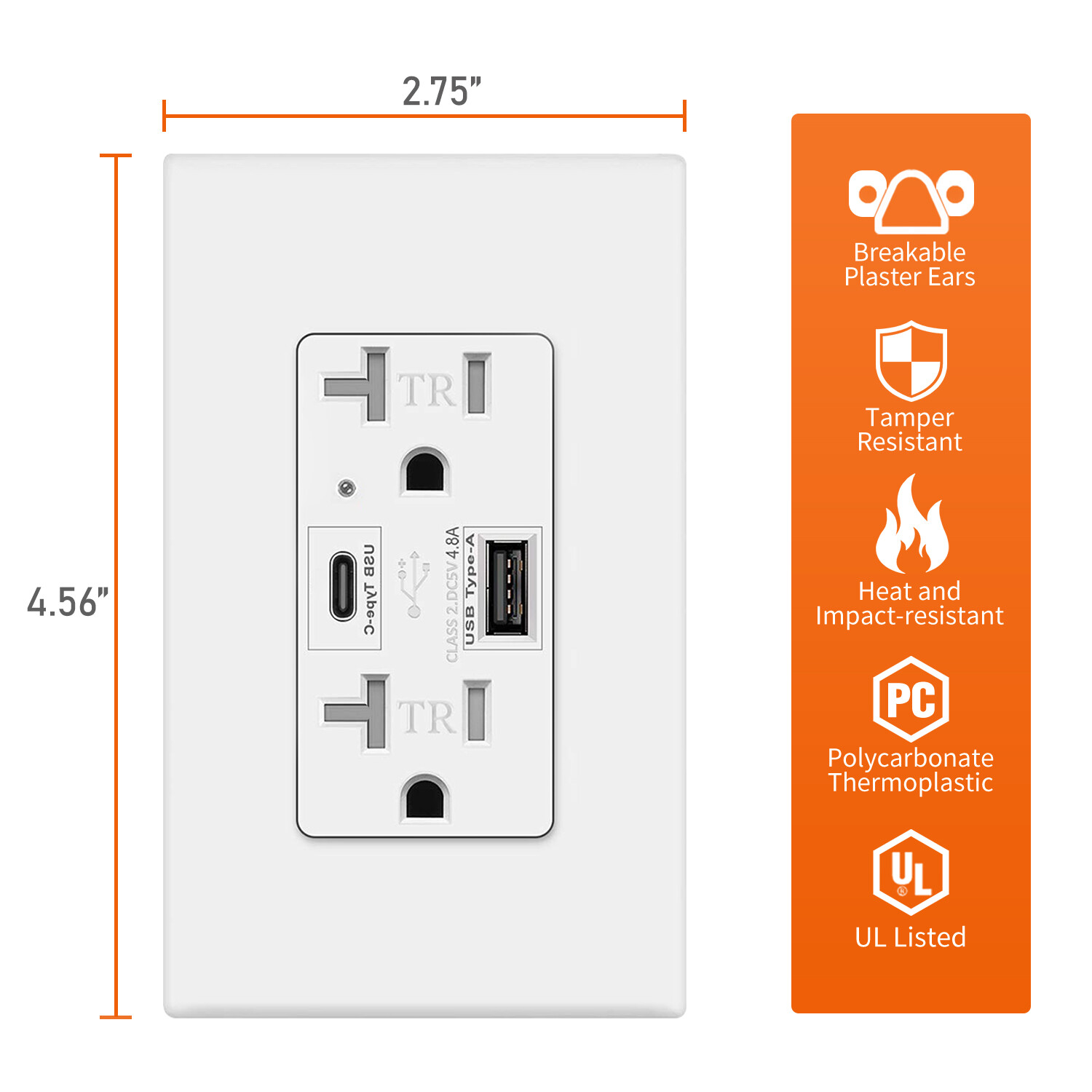 10Pack USB C Outlet PD 24W Power Delivery Duplex Receptacle 4.8A 20Amp,UL Listed