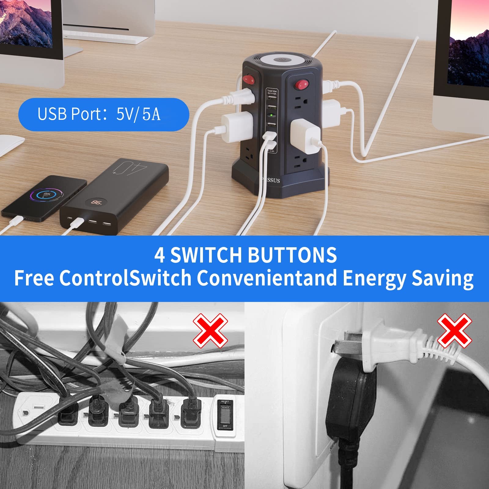 Surge Protector Power Strip Tower with 5 USB Ports and 10FT Cord, 12 AC Outlets