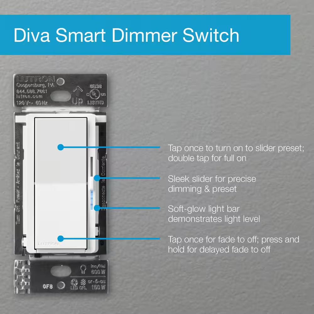 Diva Smart Dimmer Switch for Caseta, 150W LED, W/Claro Accessory Switch (3-Way K
