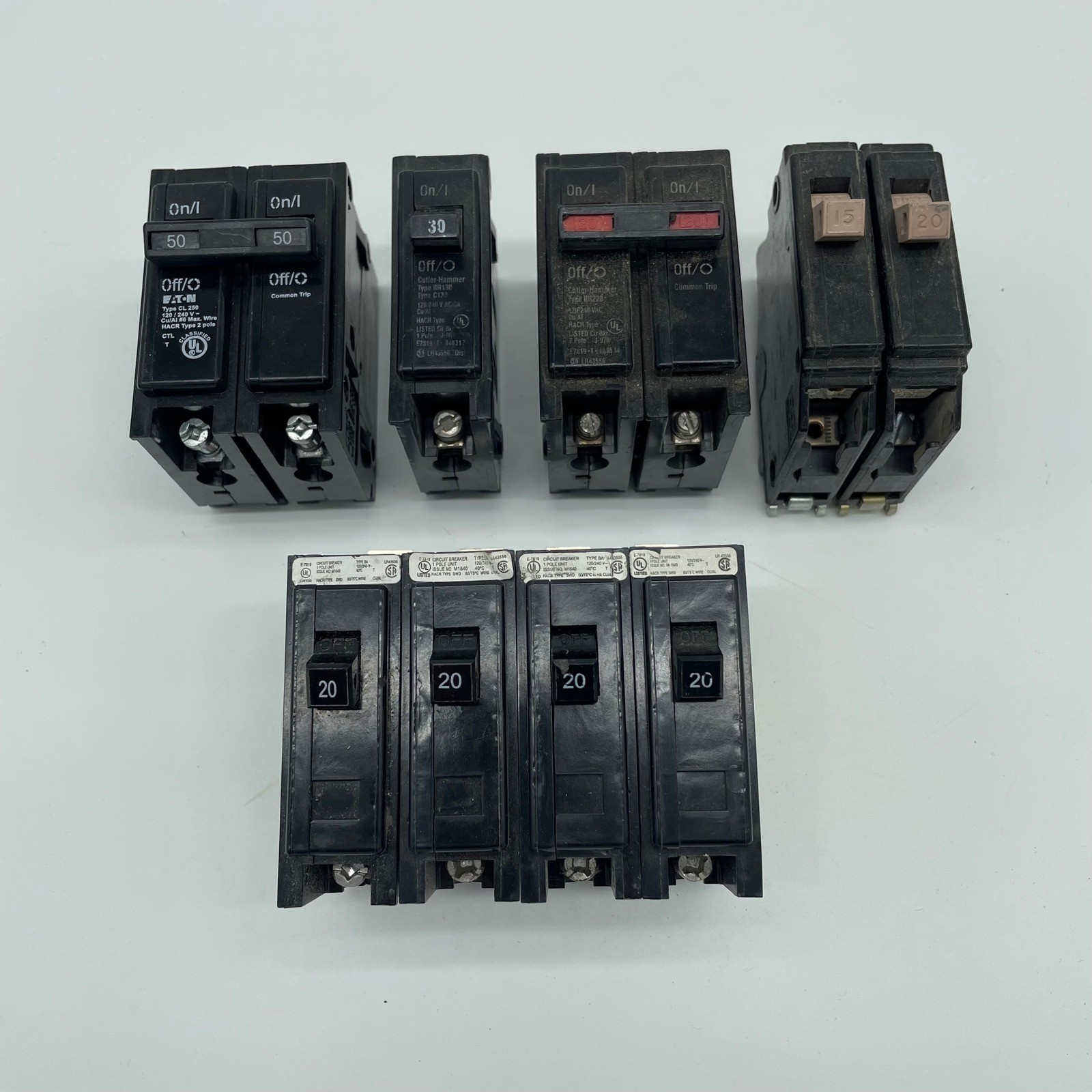 Lot of 9 Eaton Cutler-Hammer Circuit Breaker Lot 50A 30A 20A 15A BR220 Mixed
