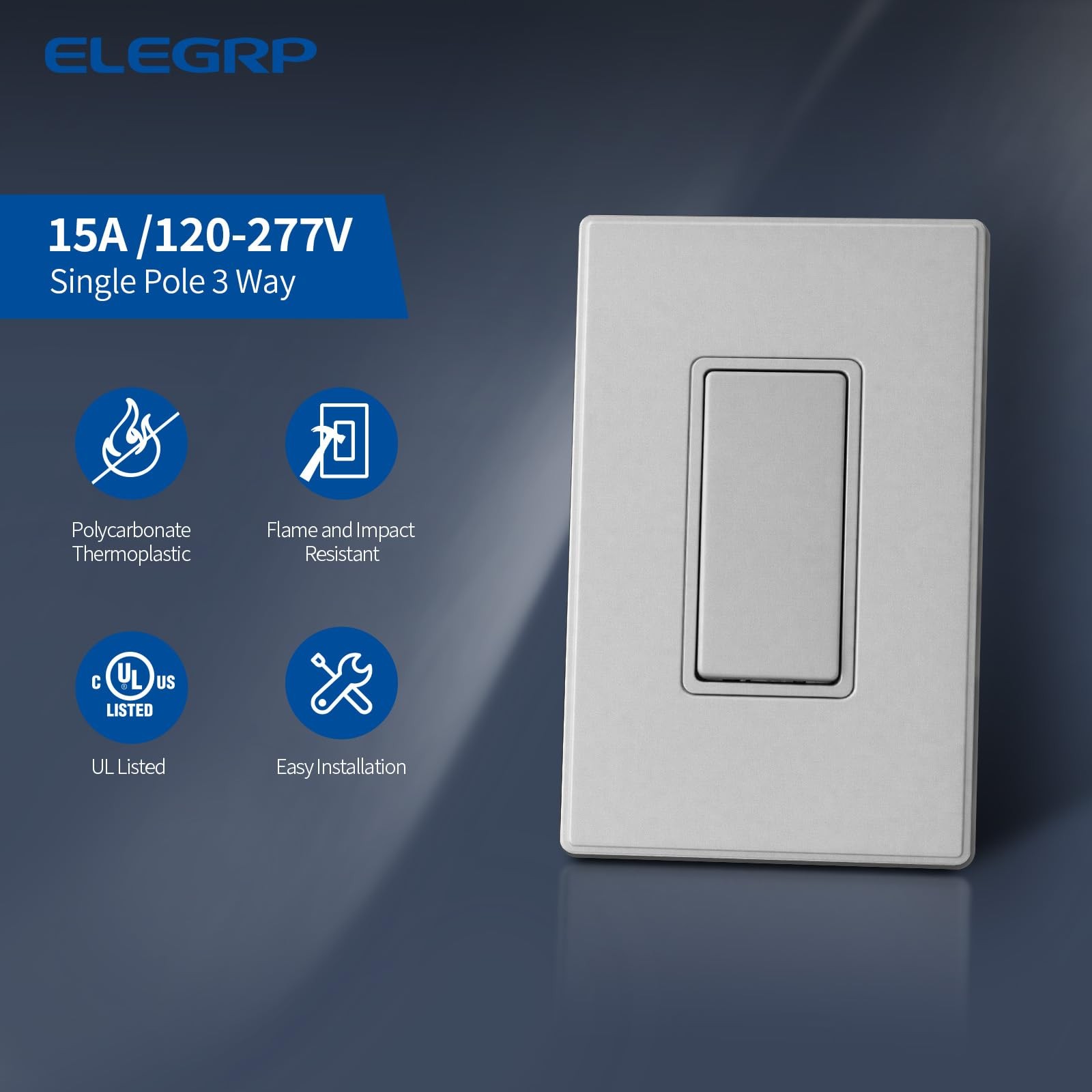 1 Pack Matte Gray 3 Way Decorator Light Switch 15A 120277V Paddle Rocker