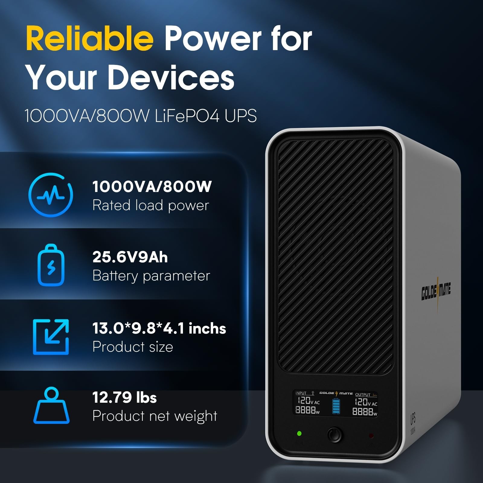 Goldenmate Back-UPS 1000VA/800W LiFePO4 Battery Backup UPS Surge Protector