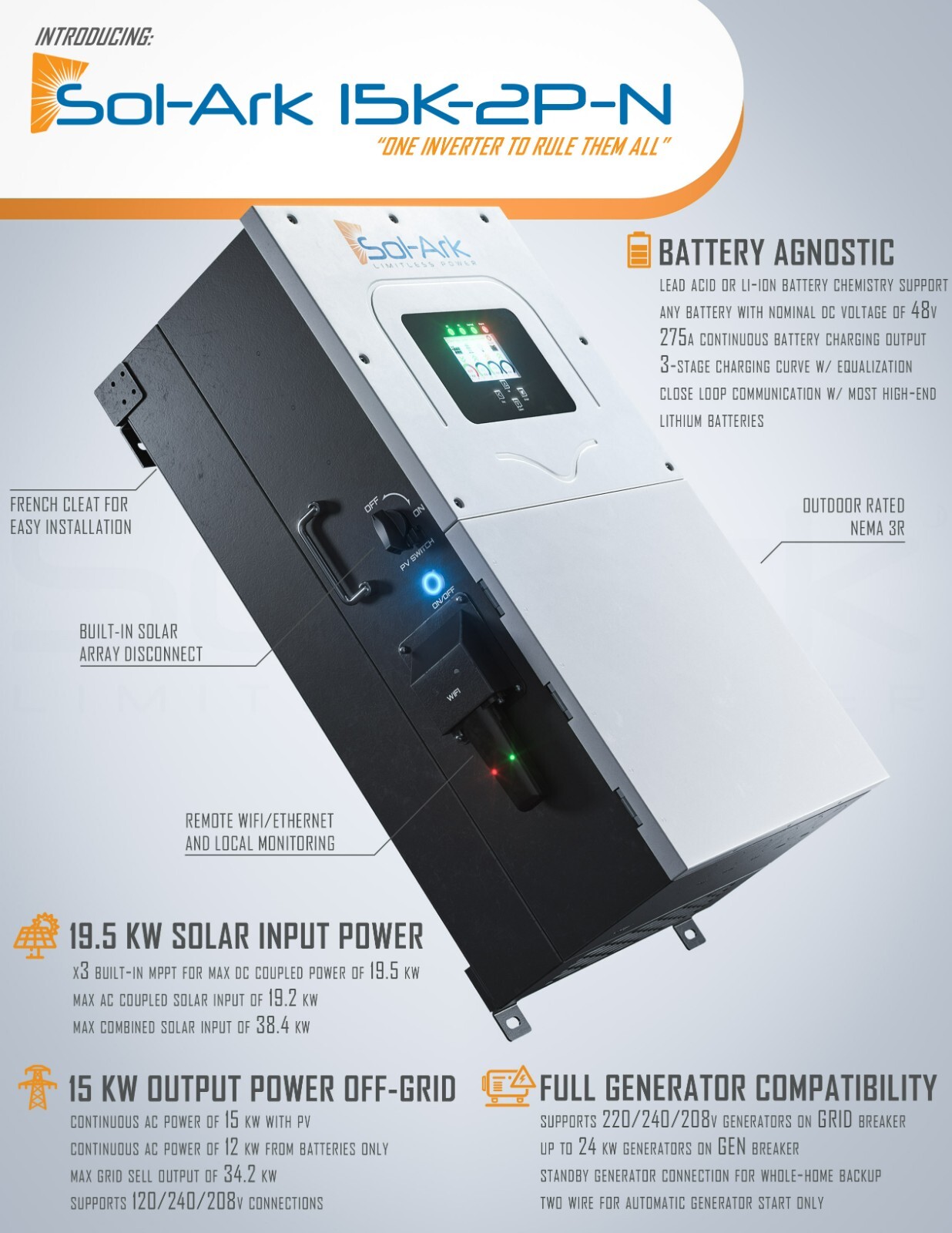 Sol-Ark 15K 48VDC All-In-One solar hybrid inverter 120/240/208VAC Outdoors rated
