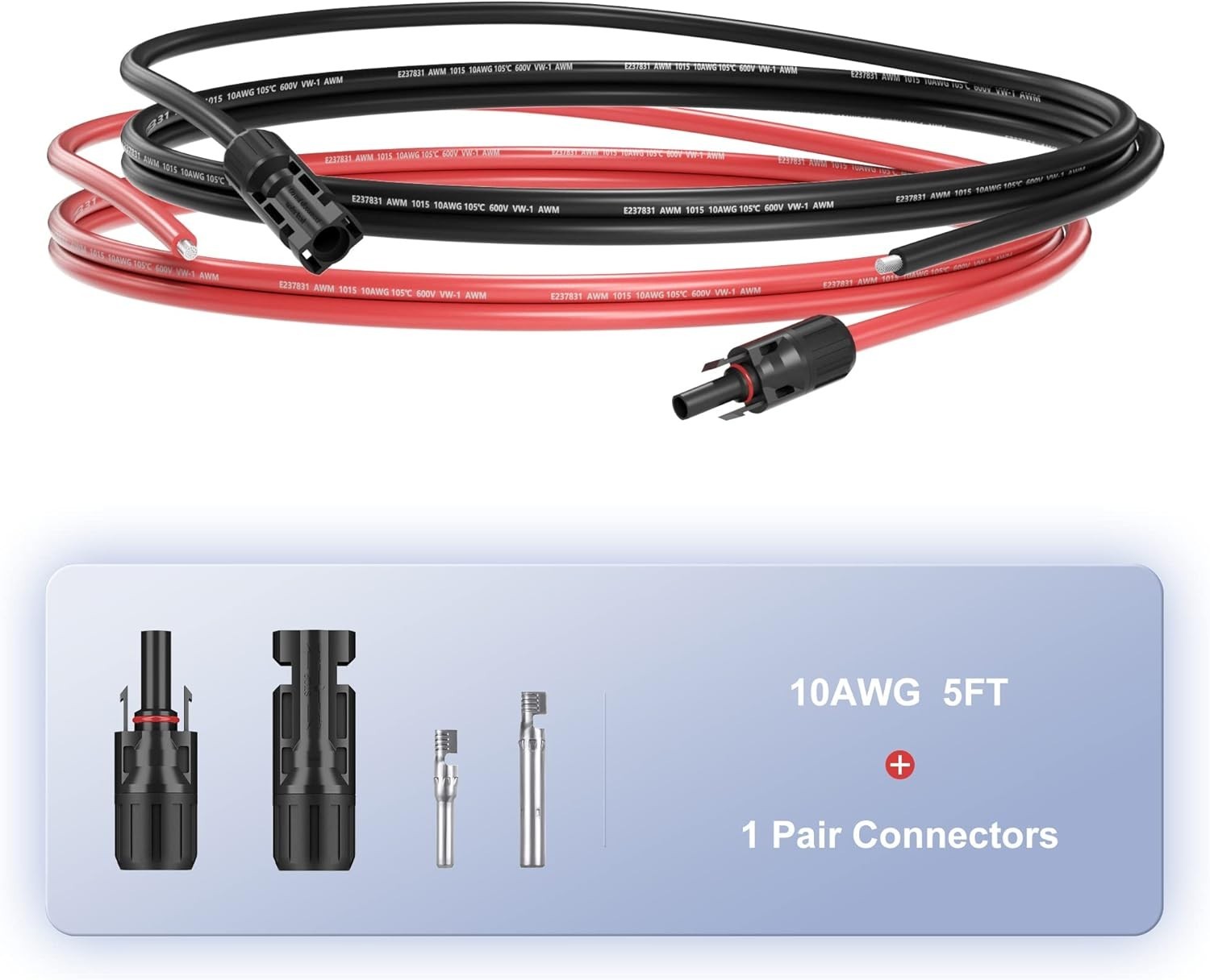 1 Pair Black+Red Solar Panel Extension Cable Wire Solar Connectors 10 AWG