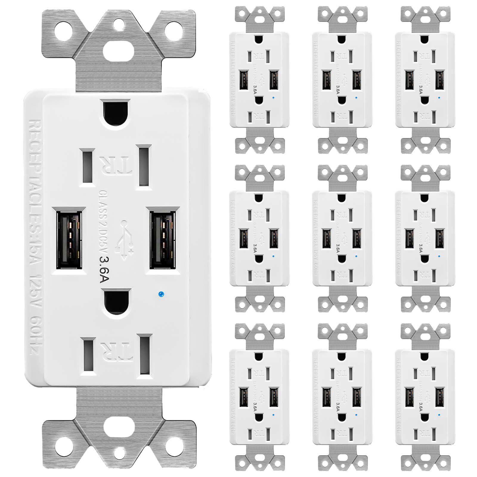 3.6A USB Charger Wall Outlet Receptacle Smart Chip Tamper Resistant UL 10 Packs
