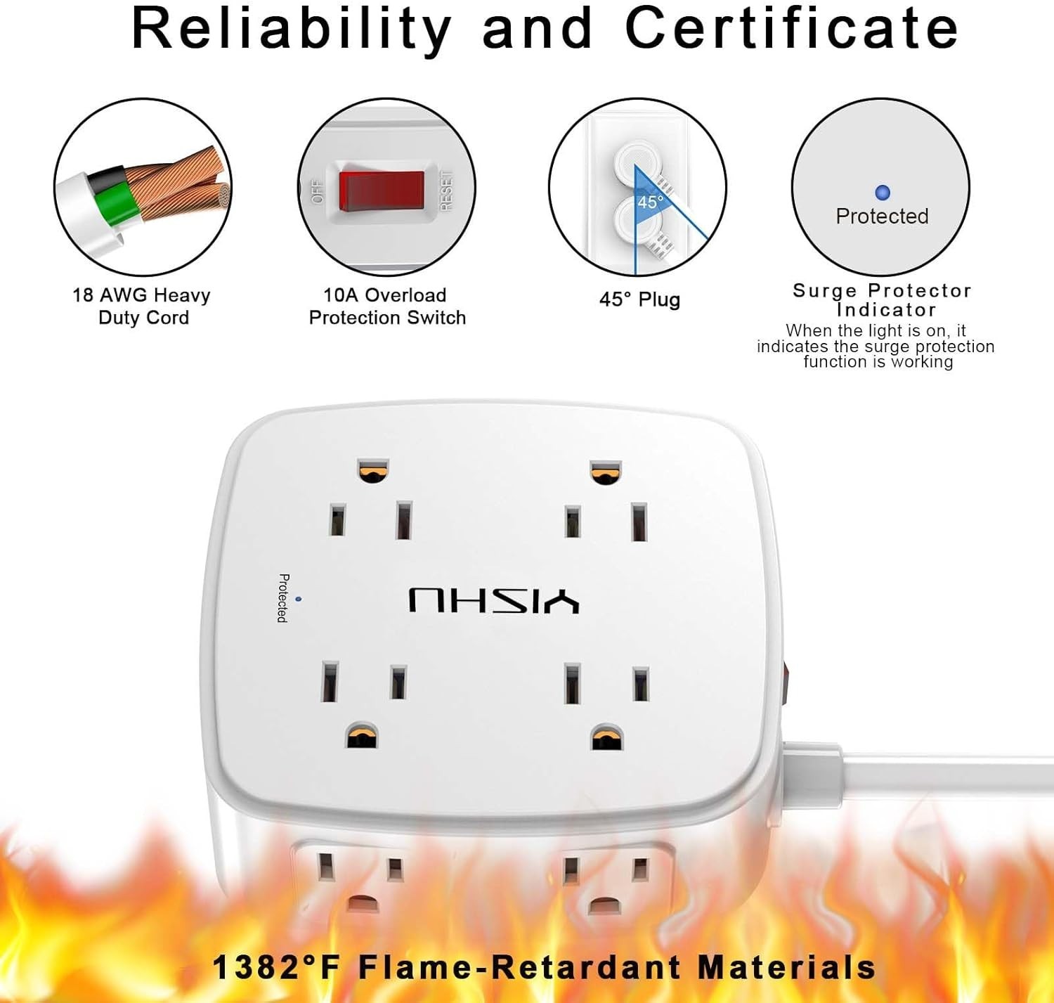 6FT Surge Protector Power Strip, 8 Widely Outlets with 4 USB Ports 3 Side Outlet