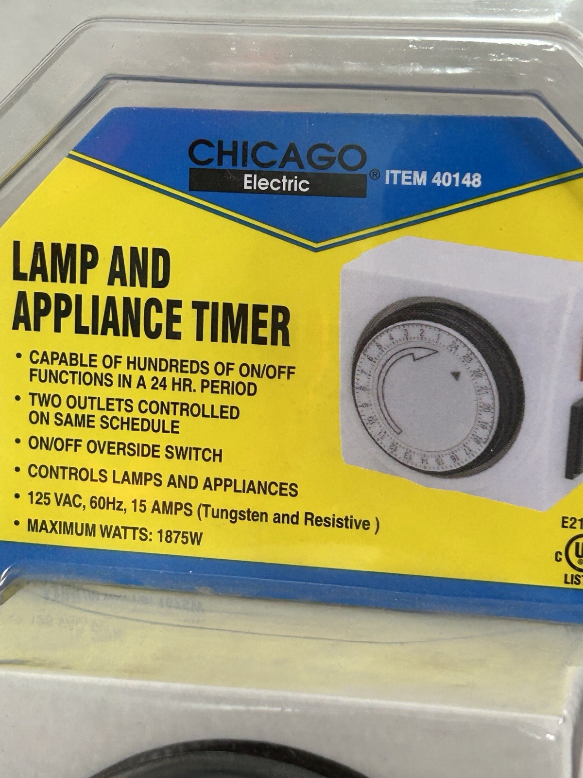 Chicago Electric Lamp and Appliance Timer. 125V / 60Hz /1875W, #40148 New