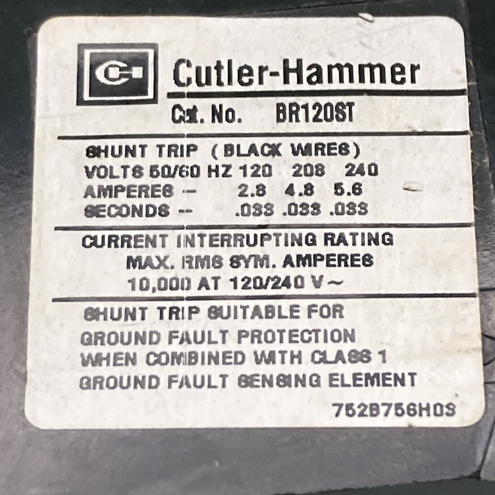 CUTLER-HAMMER BR120ST 20 Amp 1 Pole 120/240V Shunt Trip Circuit Breaker