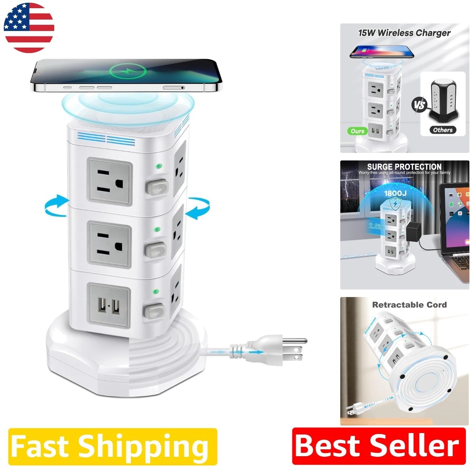 Vertical Charging Station 10 AC 4 USB 15W Wireless 1800J Surge Protector Tower
