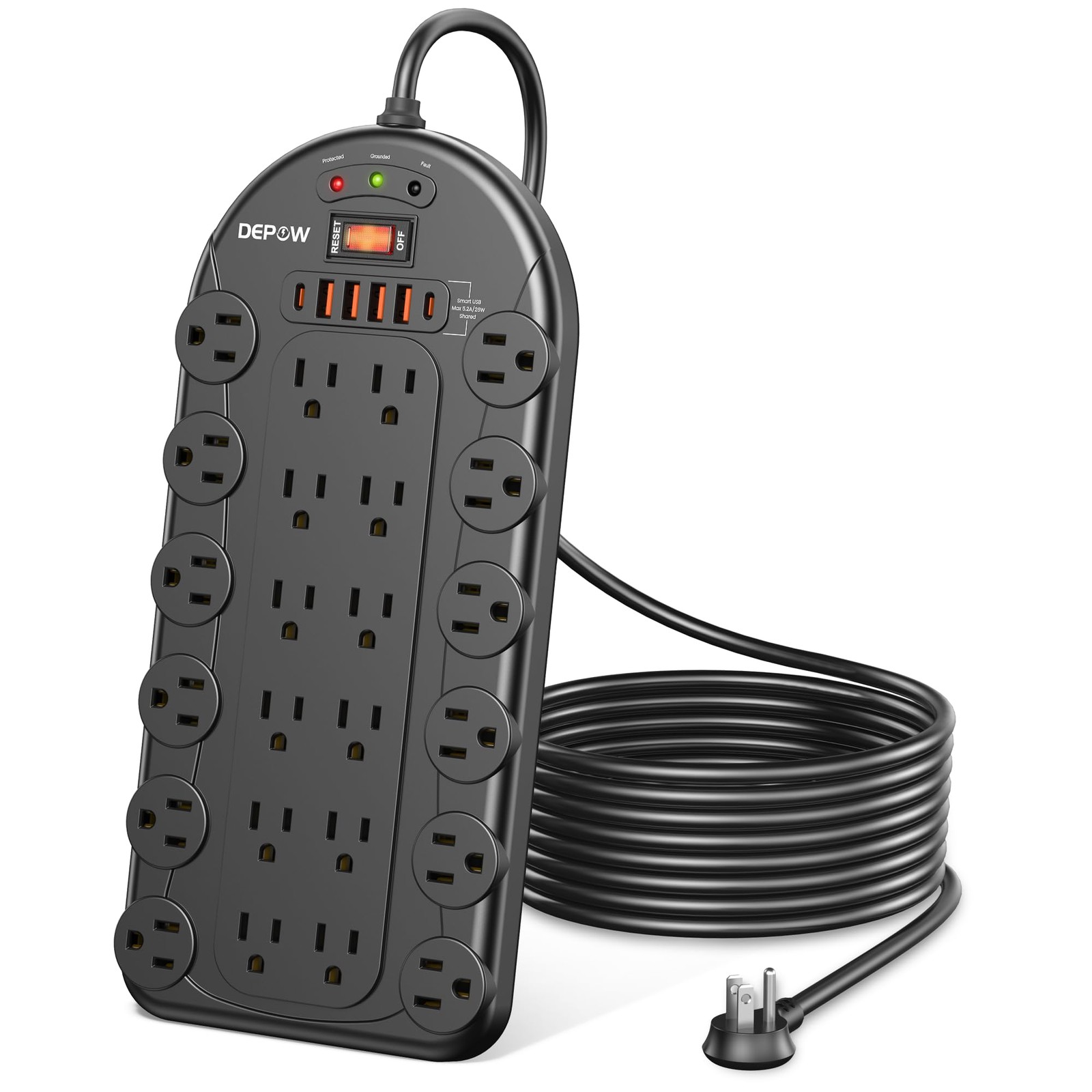 DEPOW Power Strip, 24 AC Outlets (1875W/15A) with 6 USBs (2 USB-C 8 FT, Black