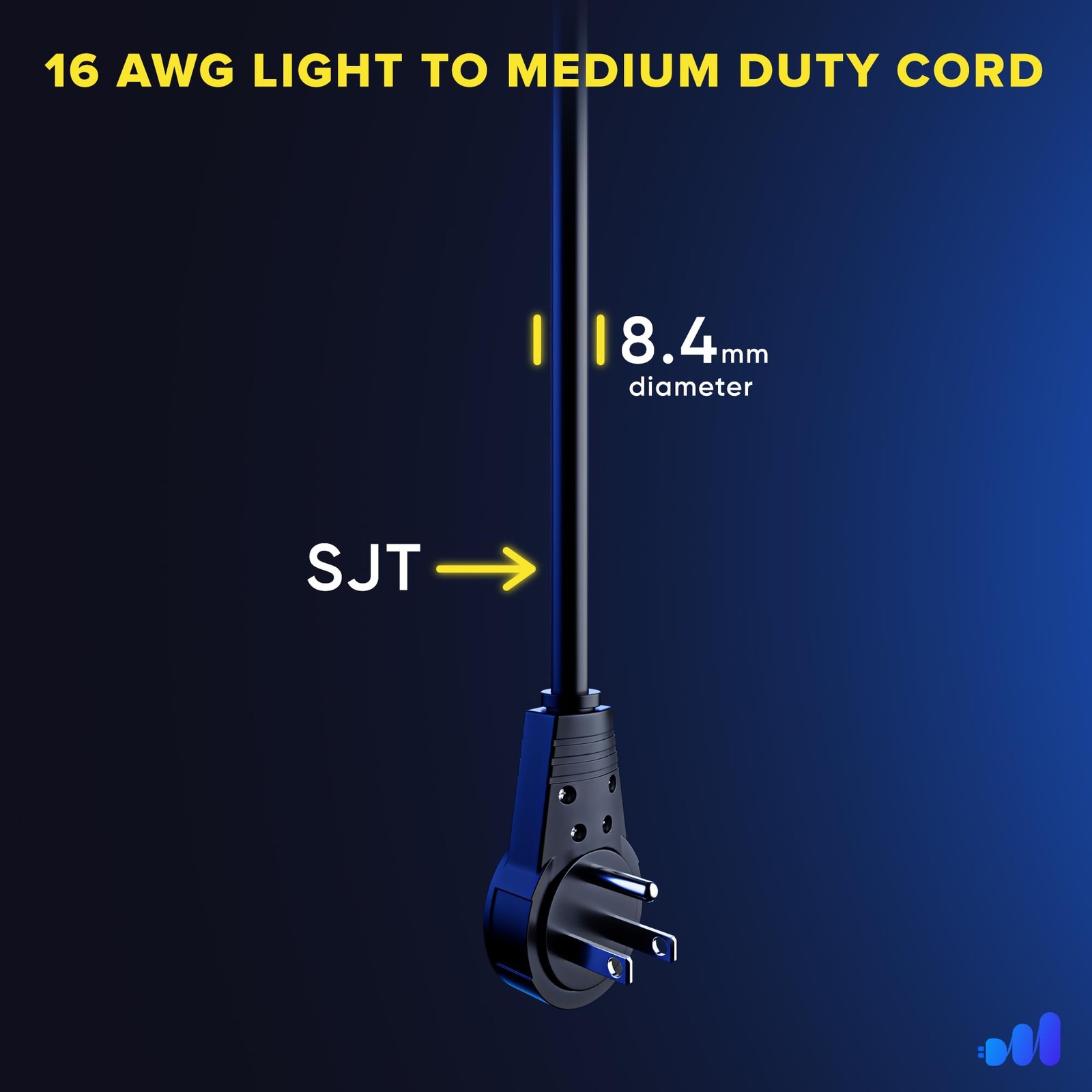0.5 Ft 360 Rotating Flat Plug Extension Cord 3 Prong Grounded 16 AWG