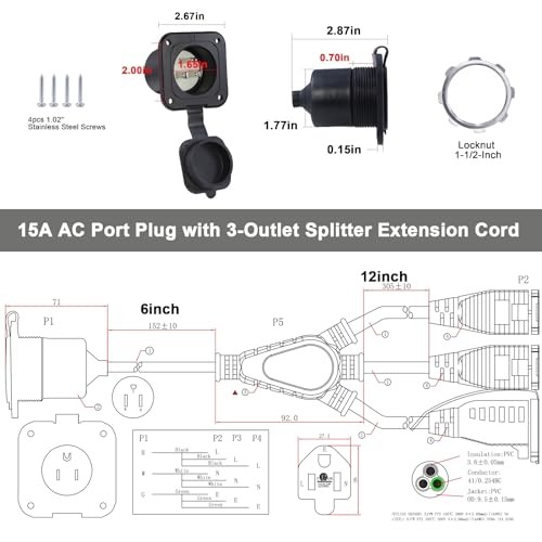 15A AC Port Plug – 125V Power Inlet Socket with Triple 18 Inch Extension Cord,