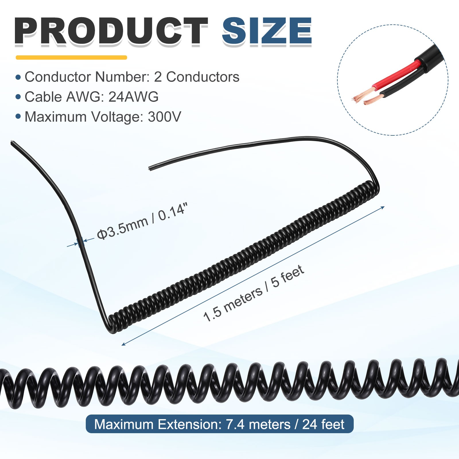 5ft Retractable Coiled Coil Cord, 2 Conductor 24AWG Spiral Power Cord Cable