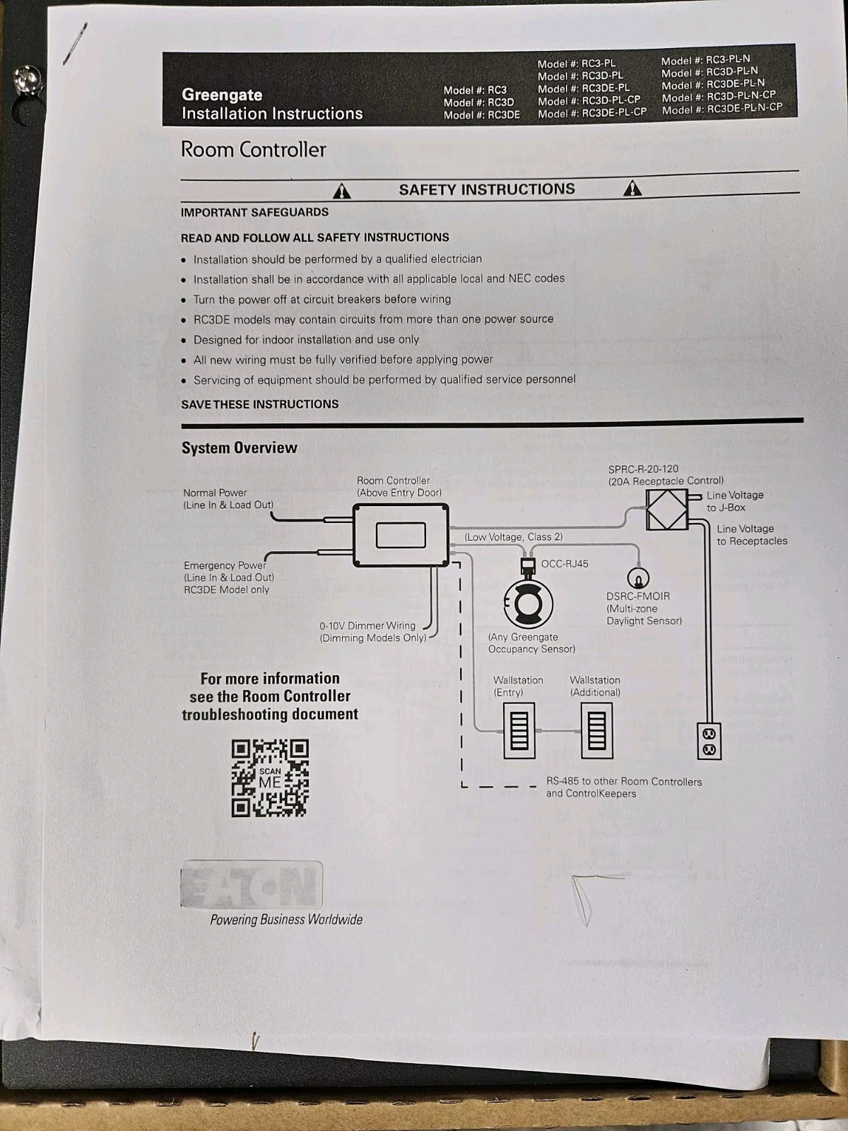 Cooper – RC3-PL Room Controller PL 3 Zone Switching (1ea New)
