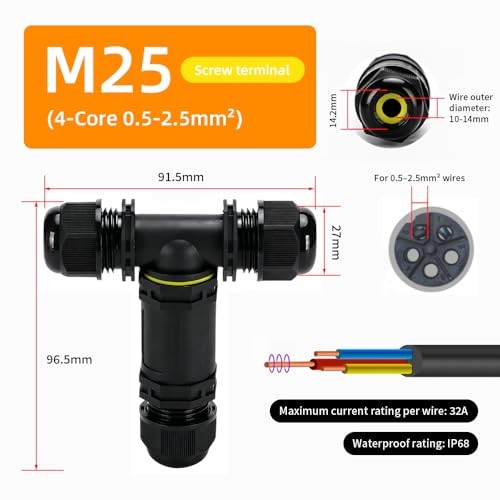 2Pcs 4-Core Screw Terminal IP68 Waterproof M25 4Pin 10-14 25A T-Type Three-Way