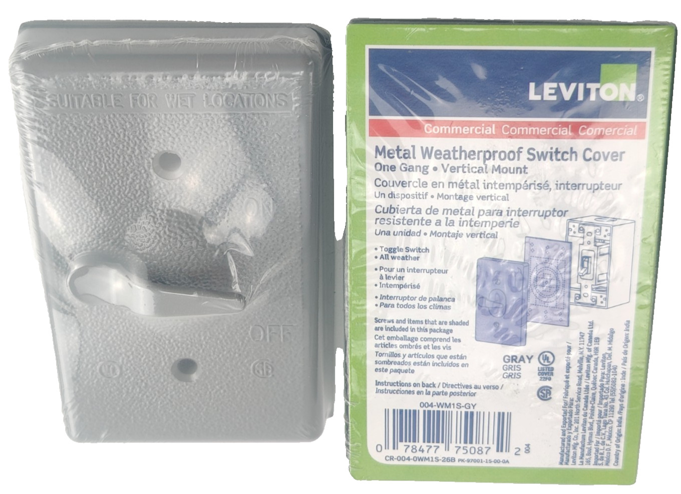 CASE OF 72 Leviton Metal Weatherproof Switch Cover, 1 Gang, Toggle 004-WM1S-GY