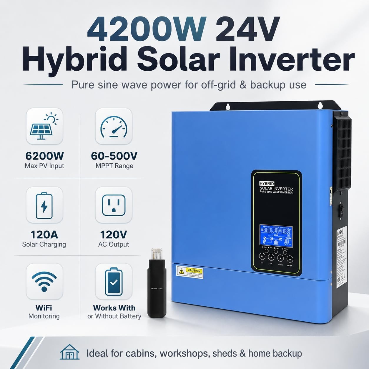 US 4200W 24V Solar Hybrid Inverter 110V 120V Pure Sine Wave 120A MPPT Controller