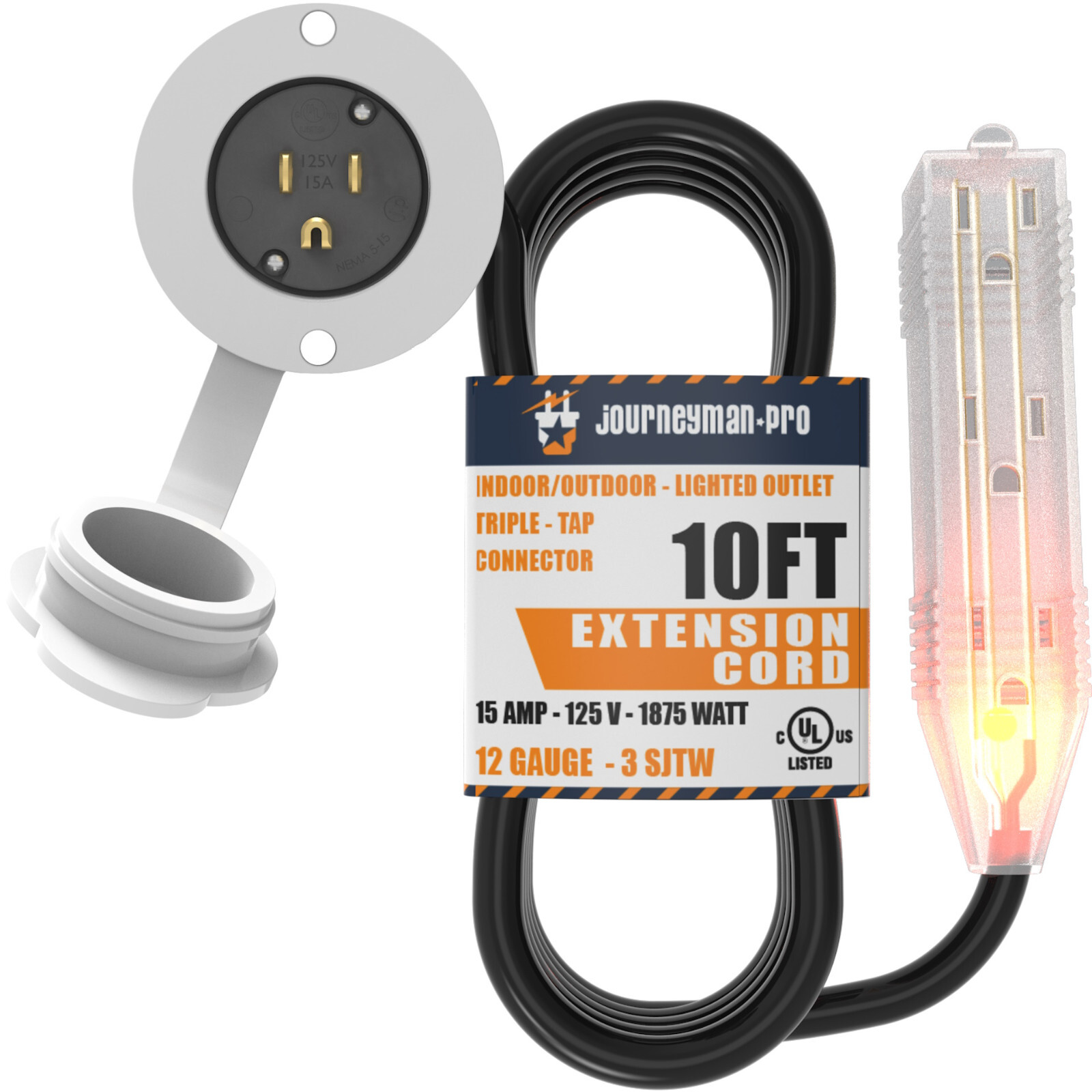 10′ FT 15A Flanged Inlet Port 3 Way Outlet Plug RV Trailer Power WHITE GCP1