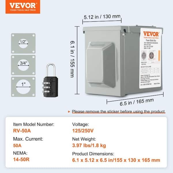 VEVOR RV Power Outlet Box Indoor/Outdoor 50 Amp 125-Volt/250-Volt Receptacle