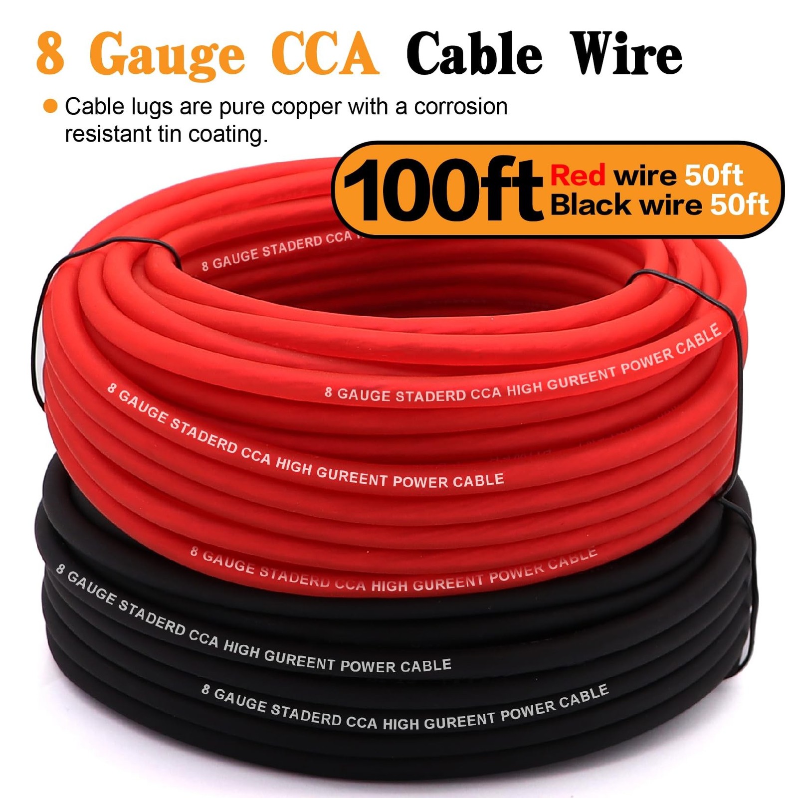 8 Gauge Wire Copper Clad Aluminum CCA (50FT Each for Black/Red) with 8ga lugs…