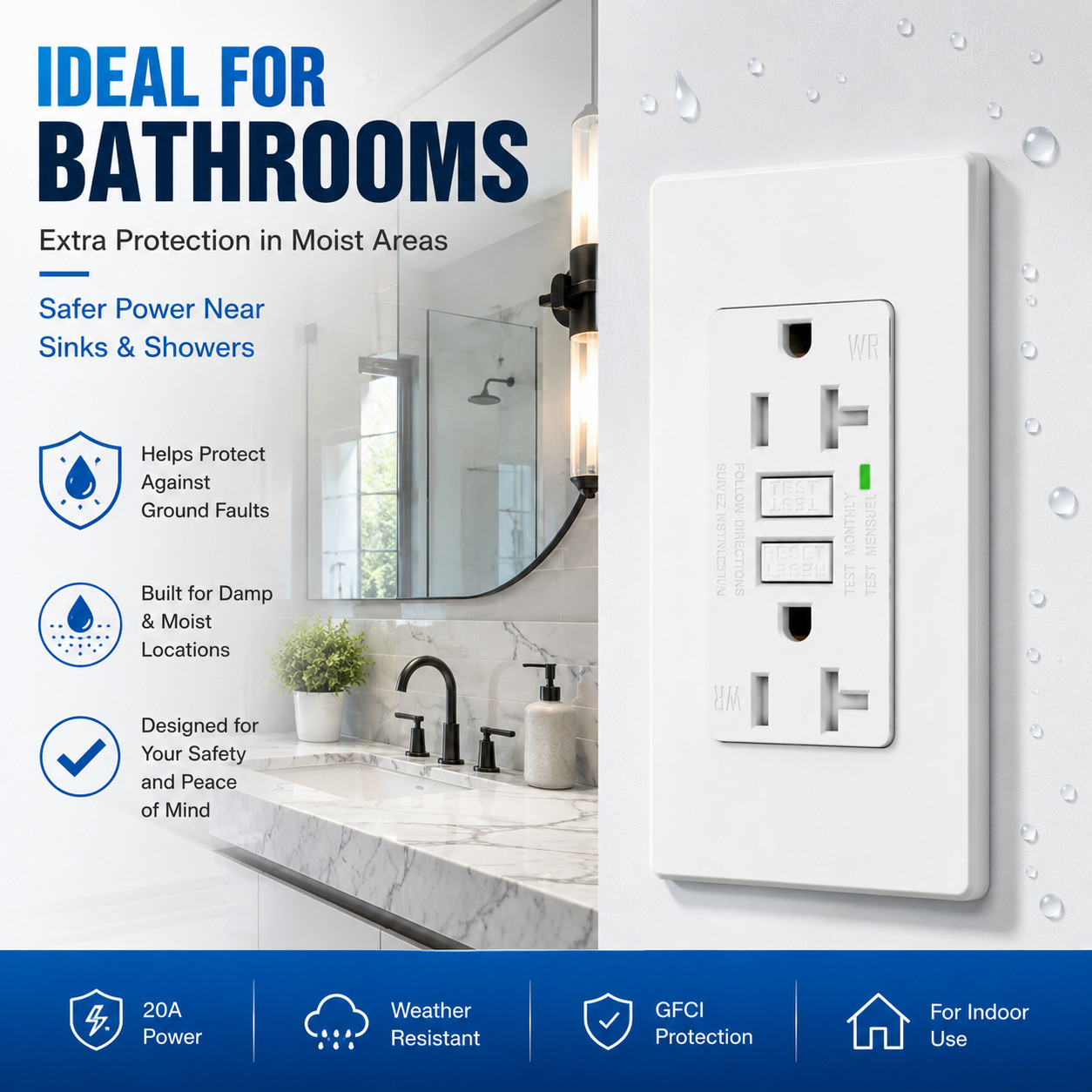 1PK GFCI GFI Outlet 20 Amp TR Weather Resistant with LED Indicator ETL Listed