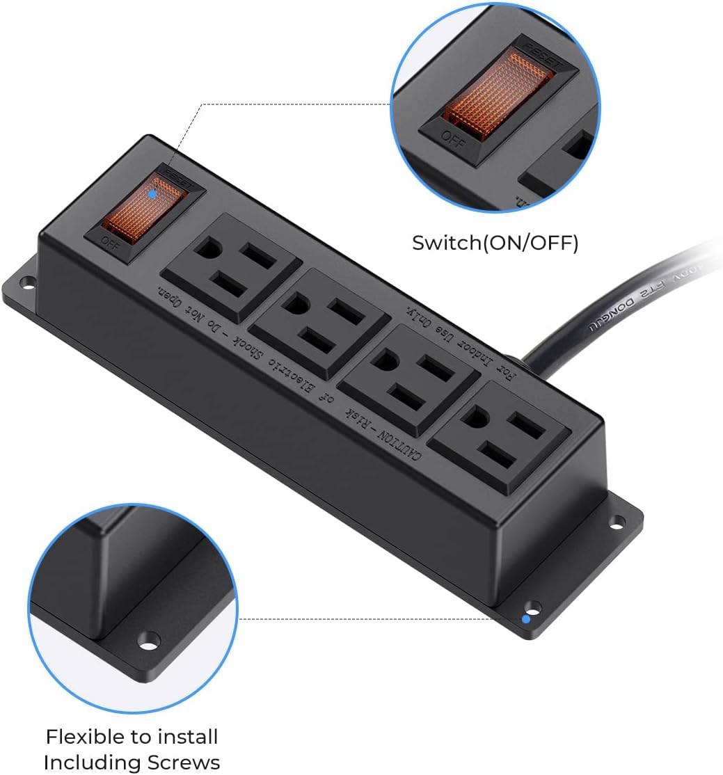 Wall Mount Power Outlet Strip 4 Outlet Mountable Power Strip with Switch 3Ft