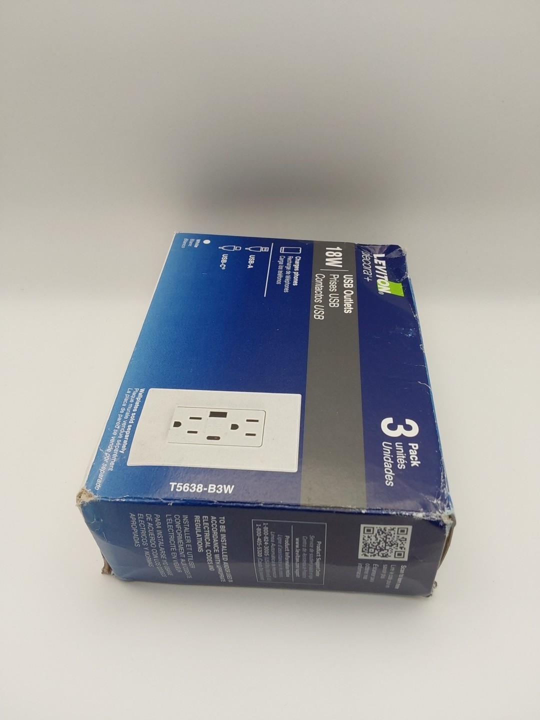 LEVITON T5638-B3W Tamper-Resistant 18W USB-A & USB-C Duplex OUTLETS 3 Pack F4