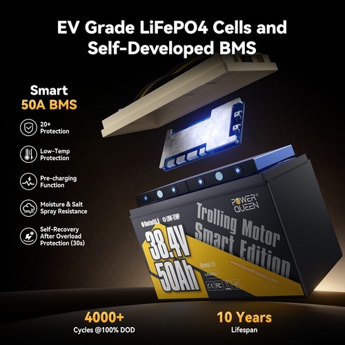 Power Queen 36V 50Ah Bluetooth Group31 LiFePO4 Battery for Marine Trolling Motor