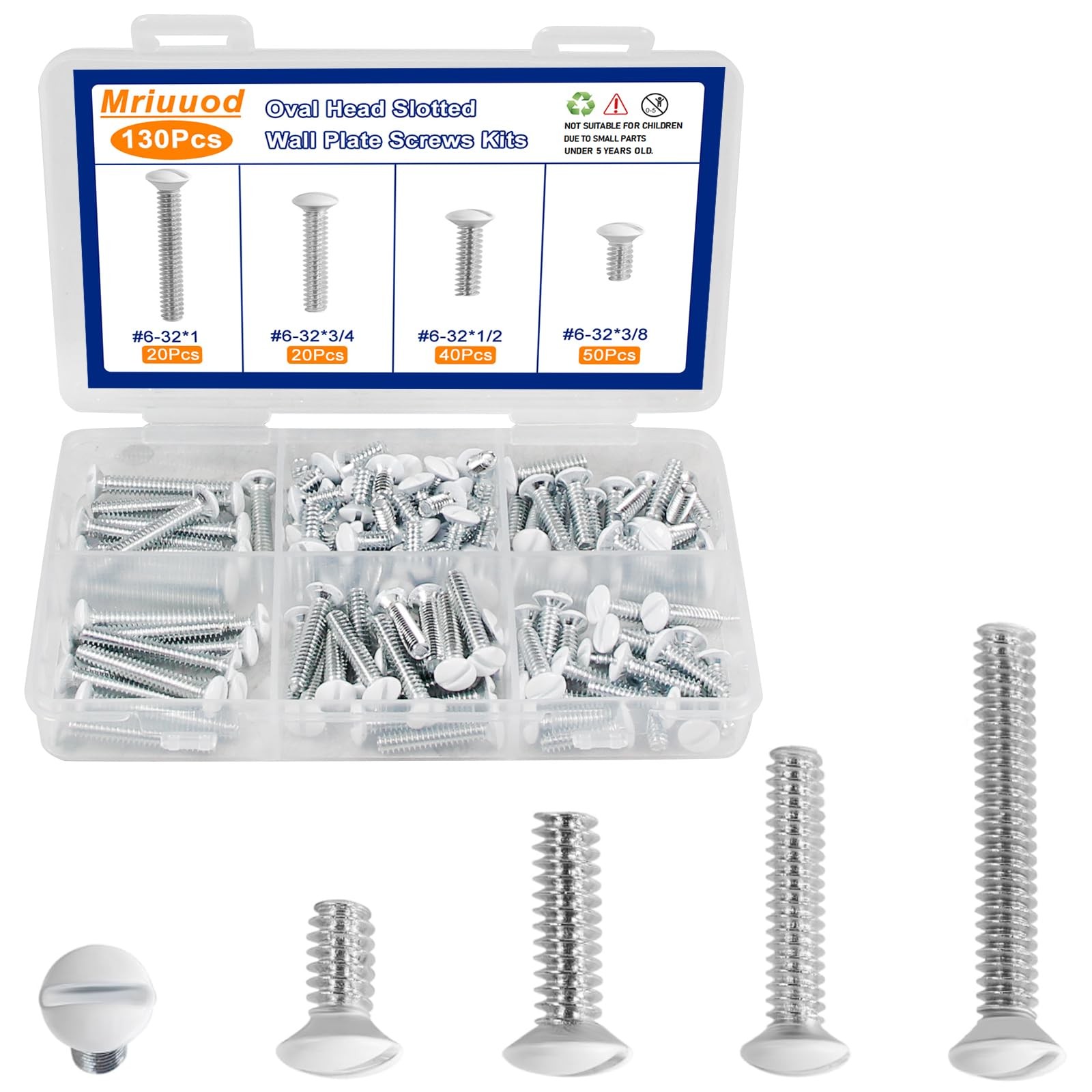 130Pcs Wall Plate Screws Kit, #6-32 Outlet Cover 3/8″, 1/2″, 3/4″, 1″, White