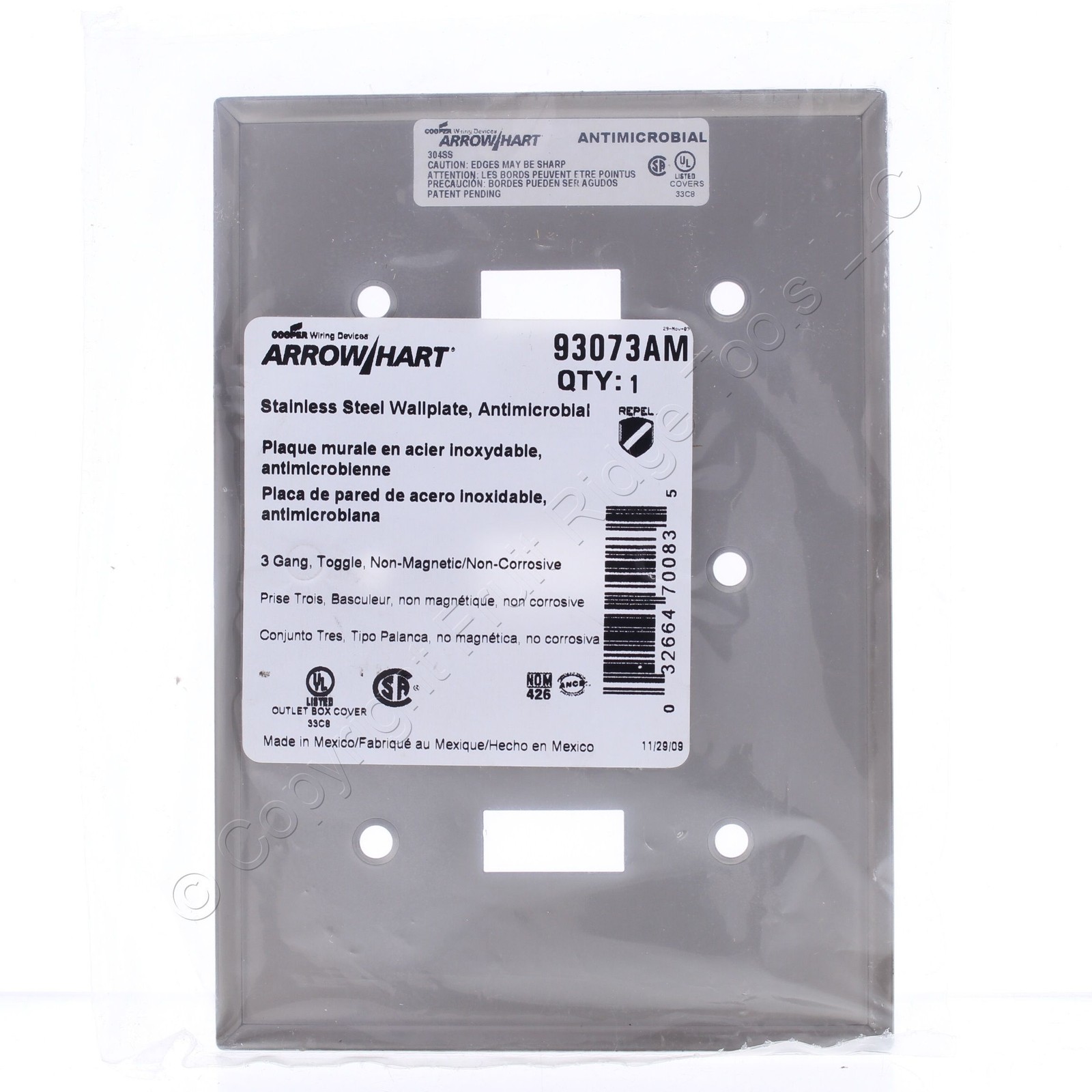 Cooper ANTIMICROBIAL Stainless Steel 3G Switch Cover Toggle Wallplate AH93073AM