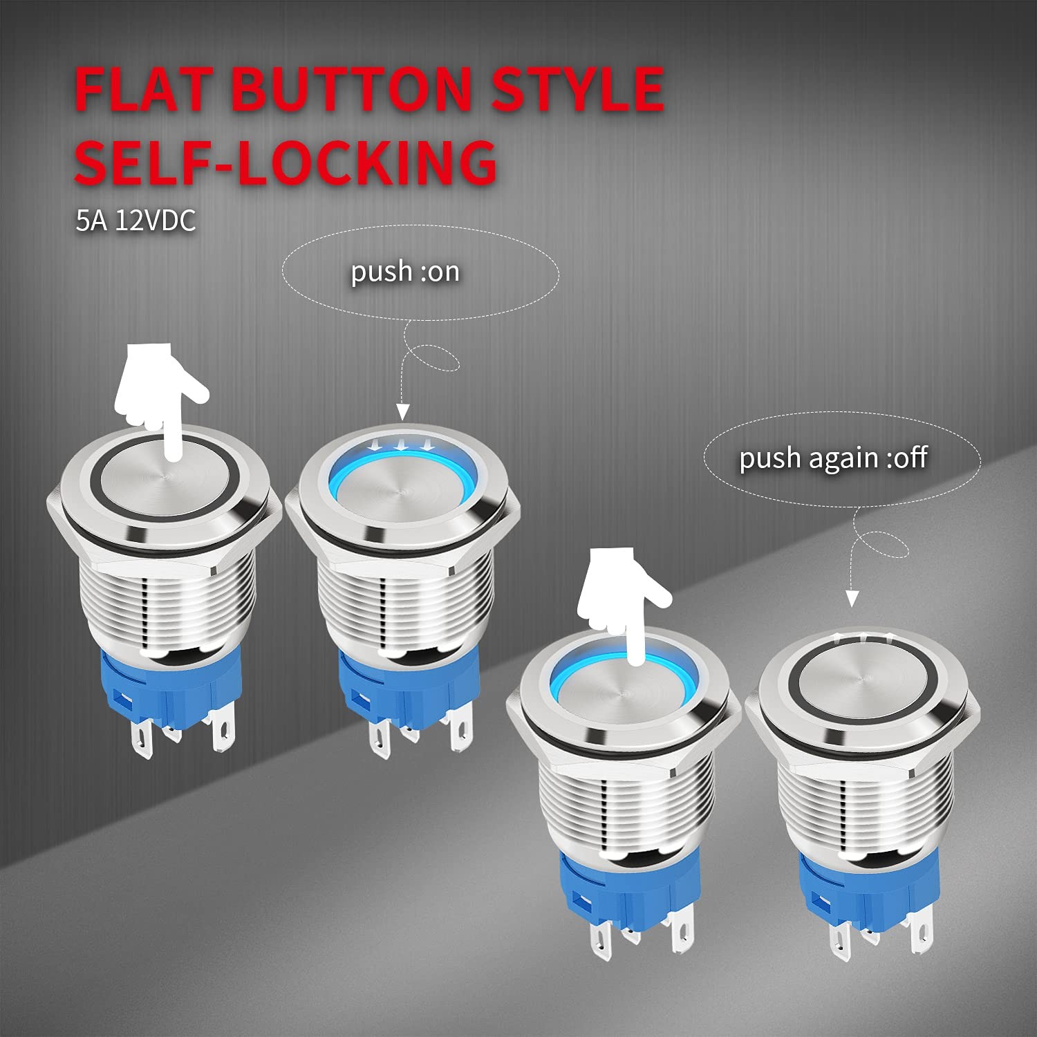 12V Latching Push Button Switch Marine Waterproof Round Blue LED Pushbutton