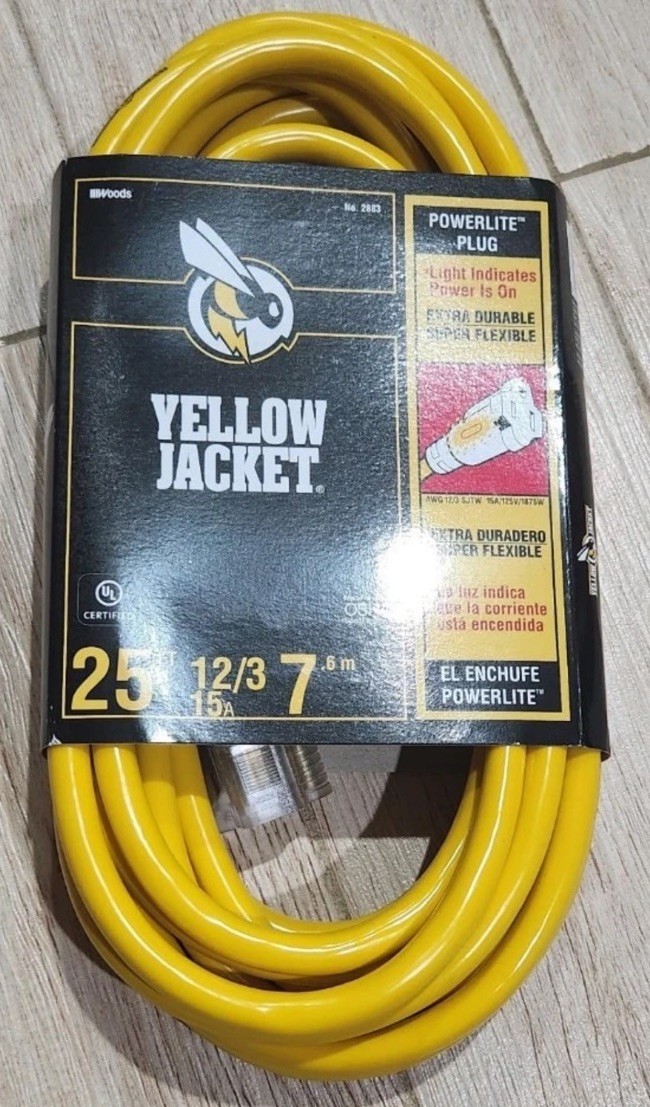 Heavy Duty Extension Cord Hi Visibility 25 ft Light Plug Yellow 12/3 SJTW 2883