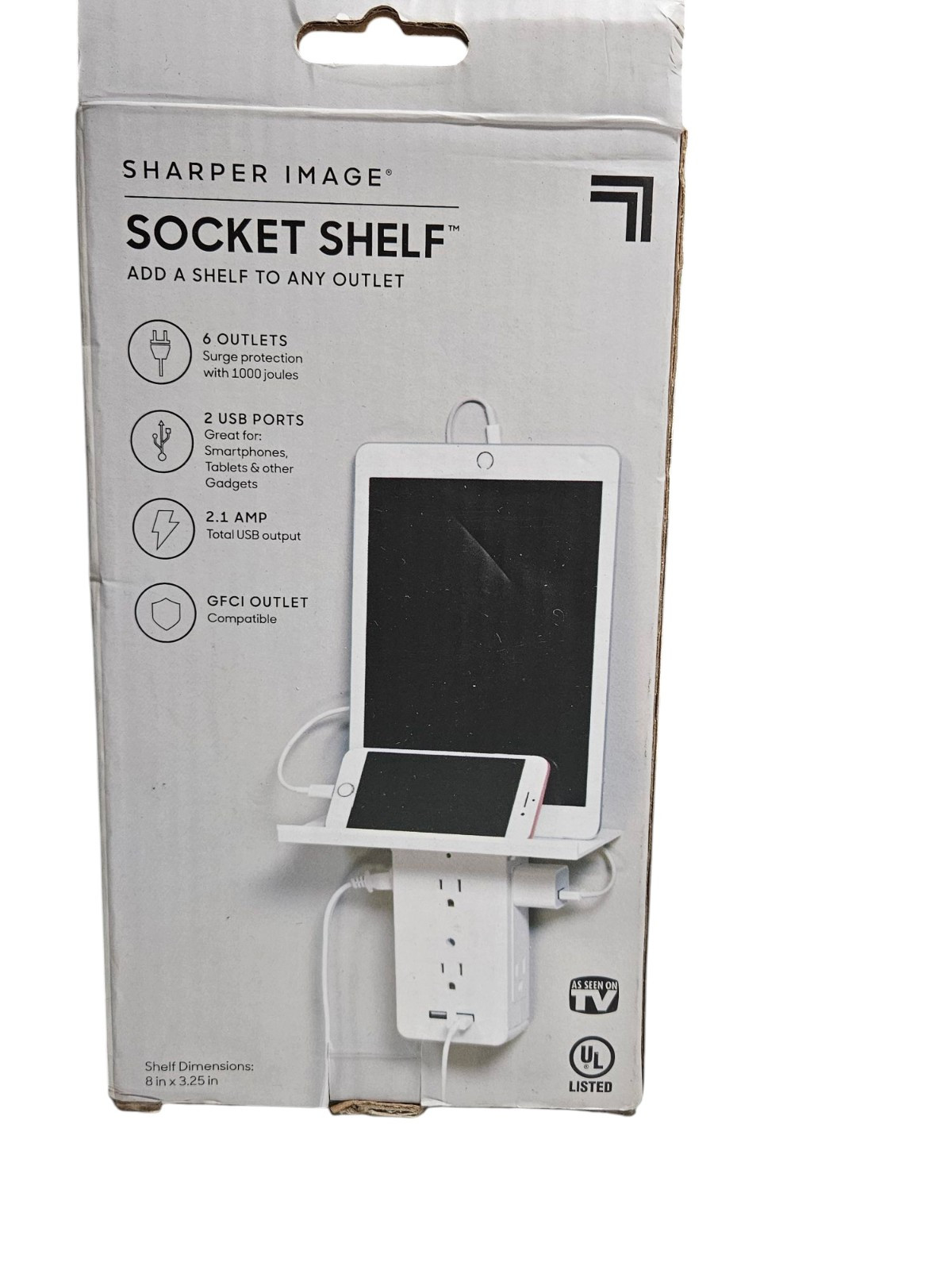 Sharper Image Socket Shelf – 6 Outlets – Surge Protection – 2 USB Ports ￼
