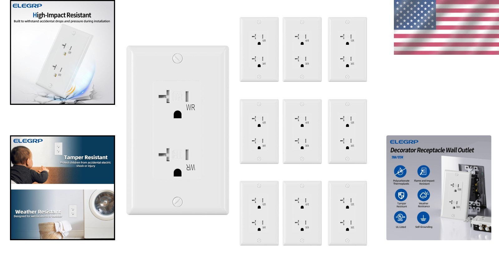 Glossy White 20A Wall Receptacle – Self-Grounding & Tamper Resistant – 10 Pack