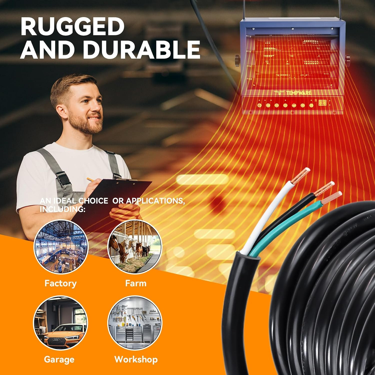 15FT 8 AWG 3 Prong Replacement Power Cord for 7500W Garage Heater | N6-50P Plug