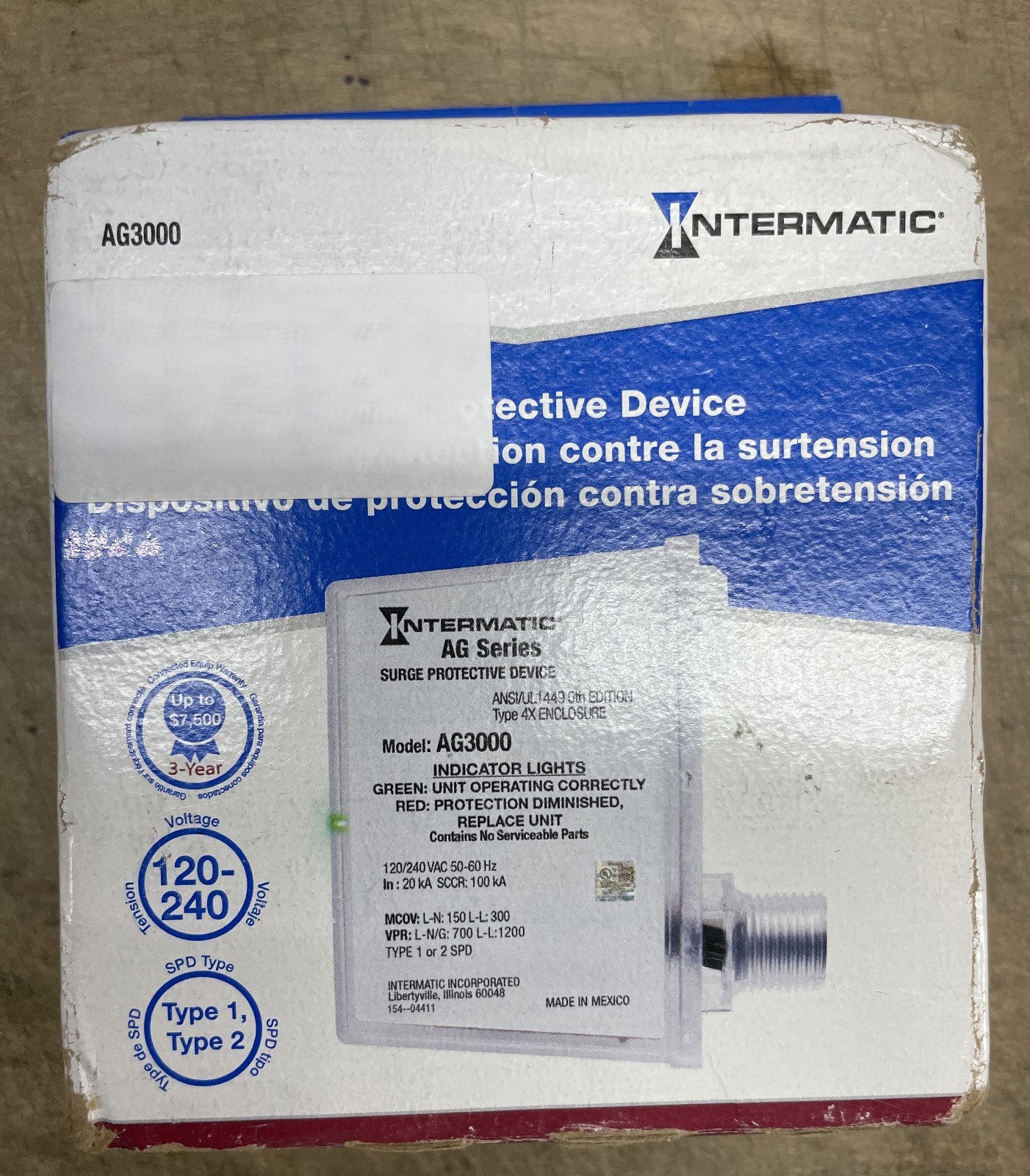 Intermatic AG3000 Surge Protective Device 3 Mode 120/240VAC 1Ph Type 1 or Type 2