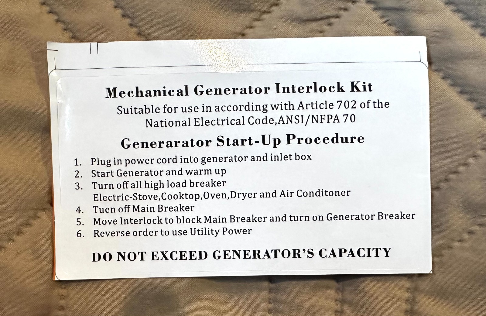 Generator Interlock Kit for Cutler Hammer Generator Series EAT-PN200, New