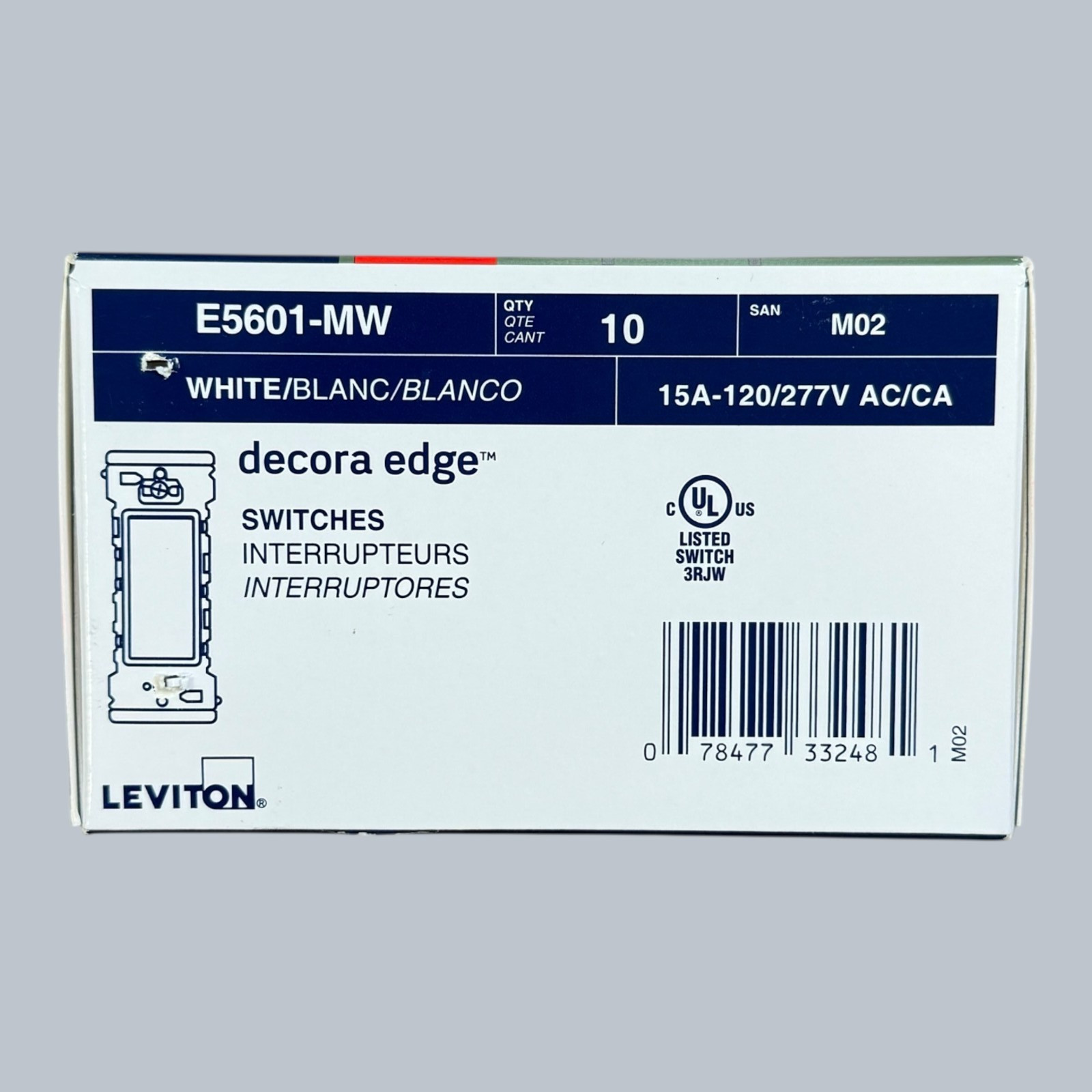LEVITON LEVER EDGE 15A 120/277V SINGLE POLE SWITCH, WHITE 10-PACK