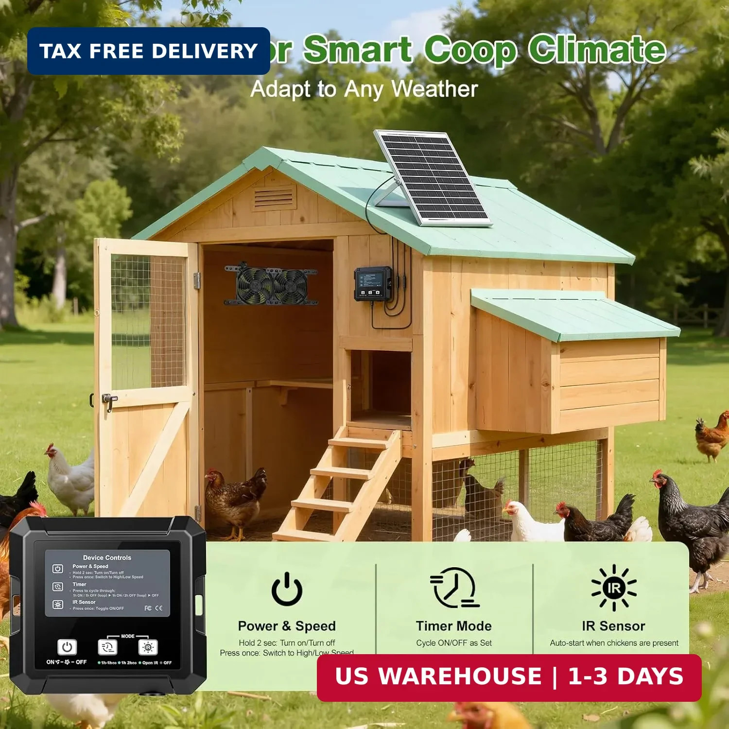 Solar-Powered Chicken Coop Exhaust Fan with Battery & Smart Sensing – 25W Solar