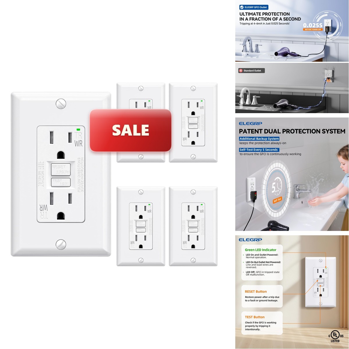 Elegrp Outdoor Gfci Outlet 15 Amp Self-Test Gfi Electrical Outlet Narrow Design