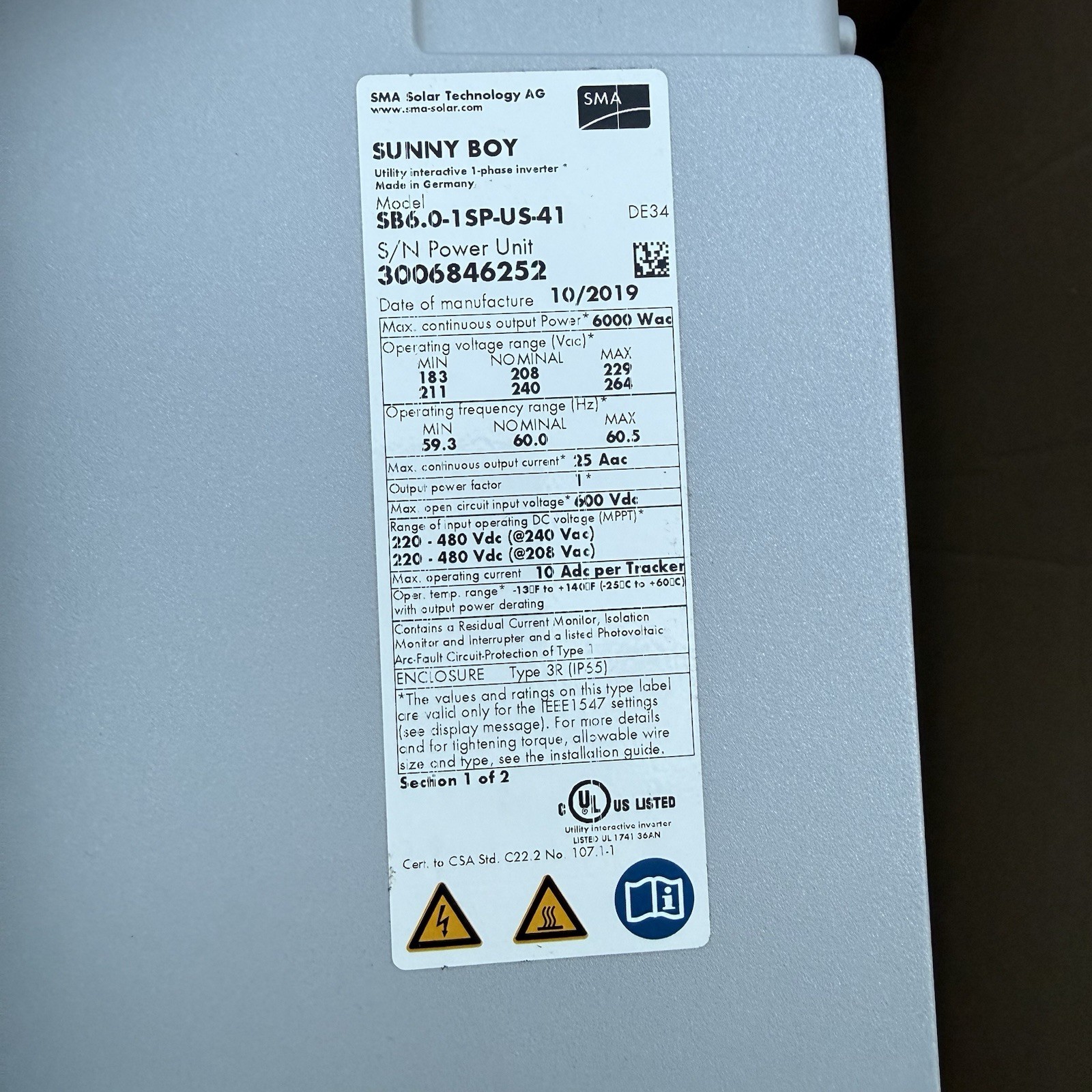 SMA Sunny Boy SB6.0-1SP-US-41 6000W Solar Inverter Open Box Never Installed