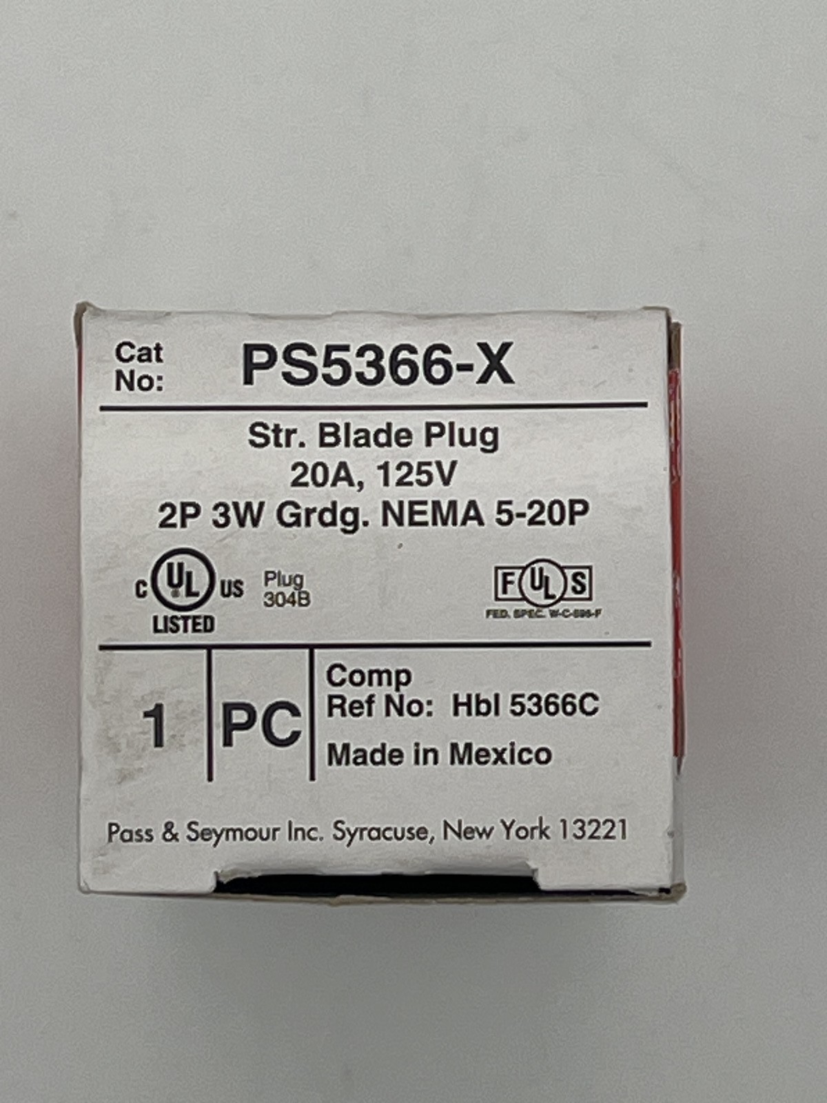 Pass & Seymour PS5366-X 20A 125V Straight Plug 5-20P New Old Stock