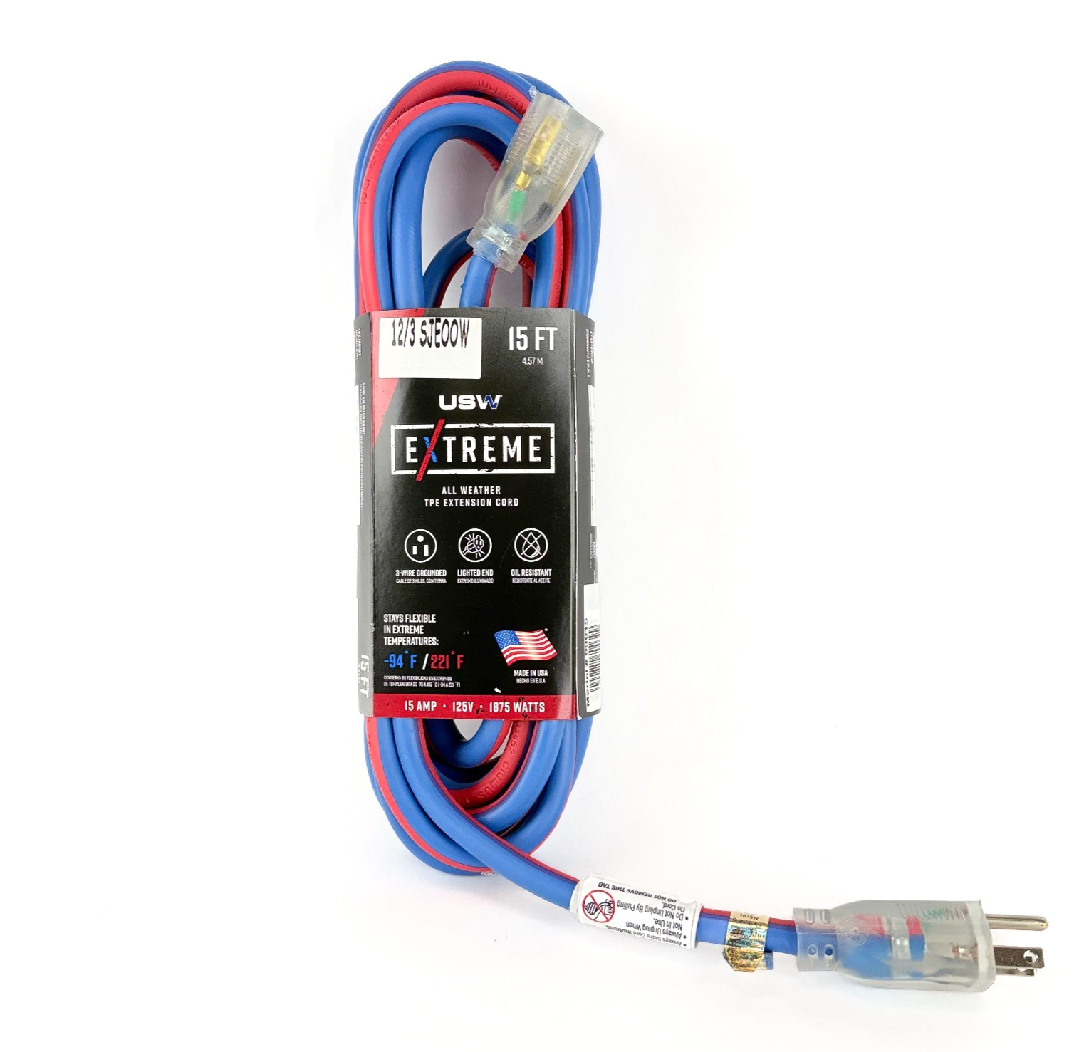 15 ft 12/3 Extreme All-Weather Extension Cord SJEOW Lighted Outlet USA Made