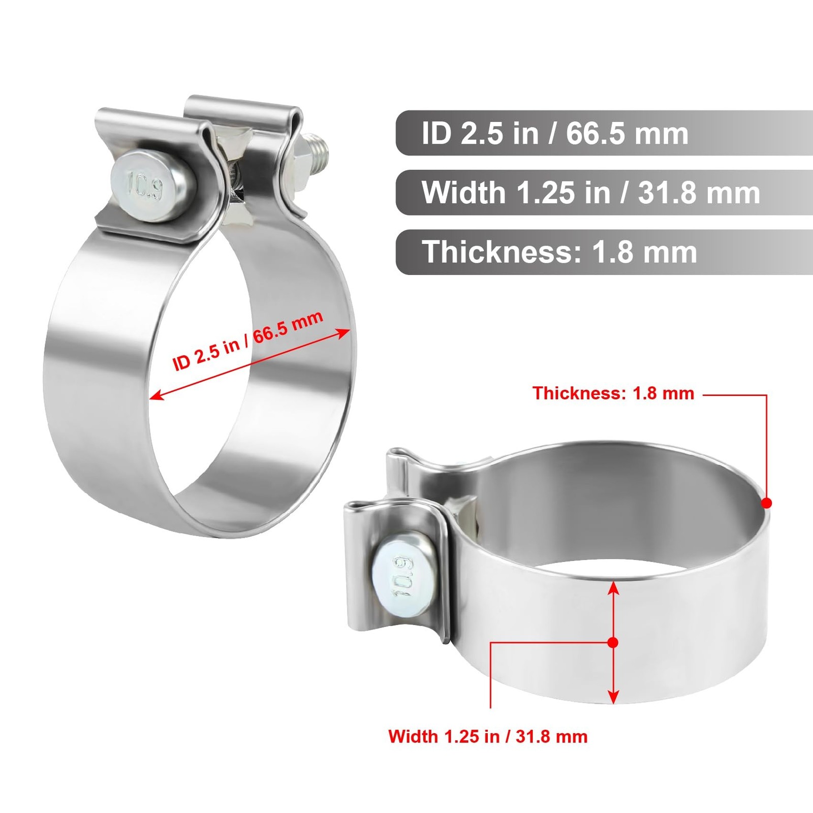 2.5 Inch Exhaust Clamp, 2.5″ Narrow Band Muffler Clamp, Stainless Steel, 2pcs
